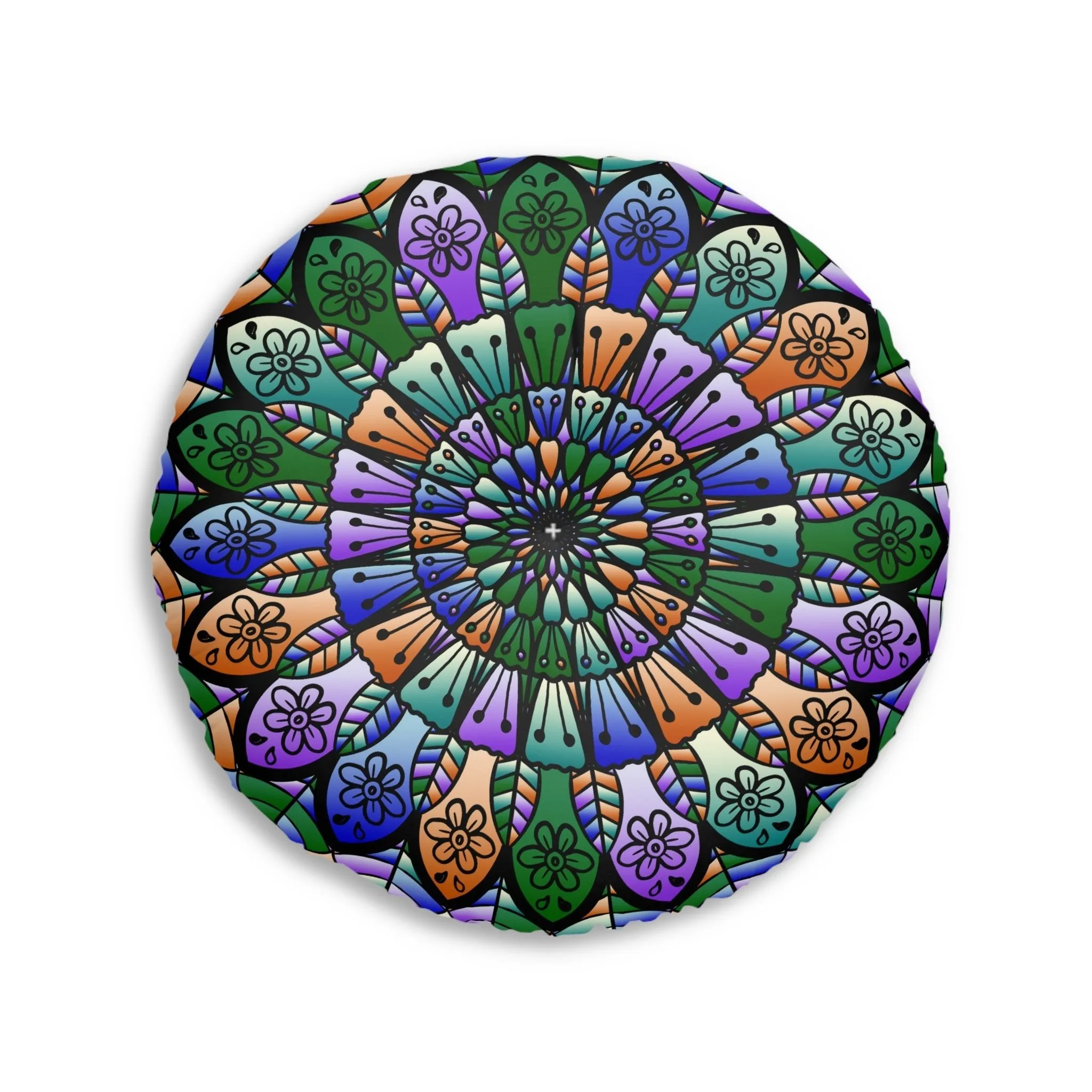 Hand Drawn Mandala Art Design on Tufted Floor Pillow - Beautiful Colors on Dark Blue Background