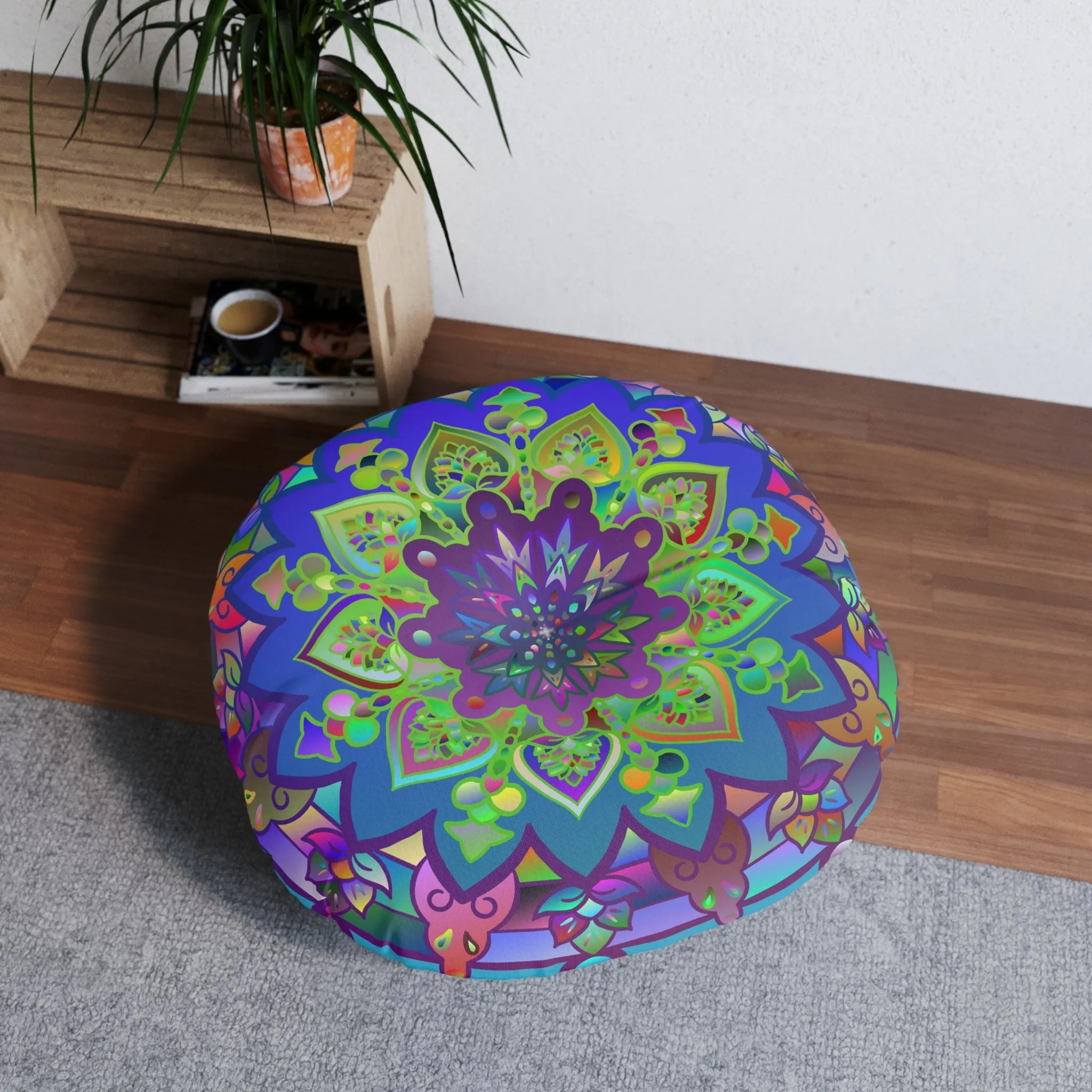 Hand Drawn Mandala Art Design - Tufted Round Floor Pillow