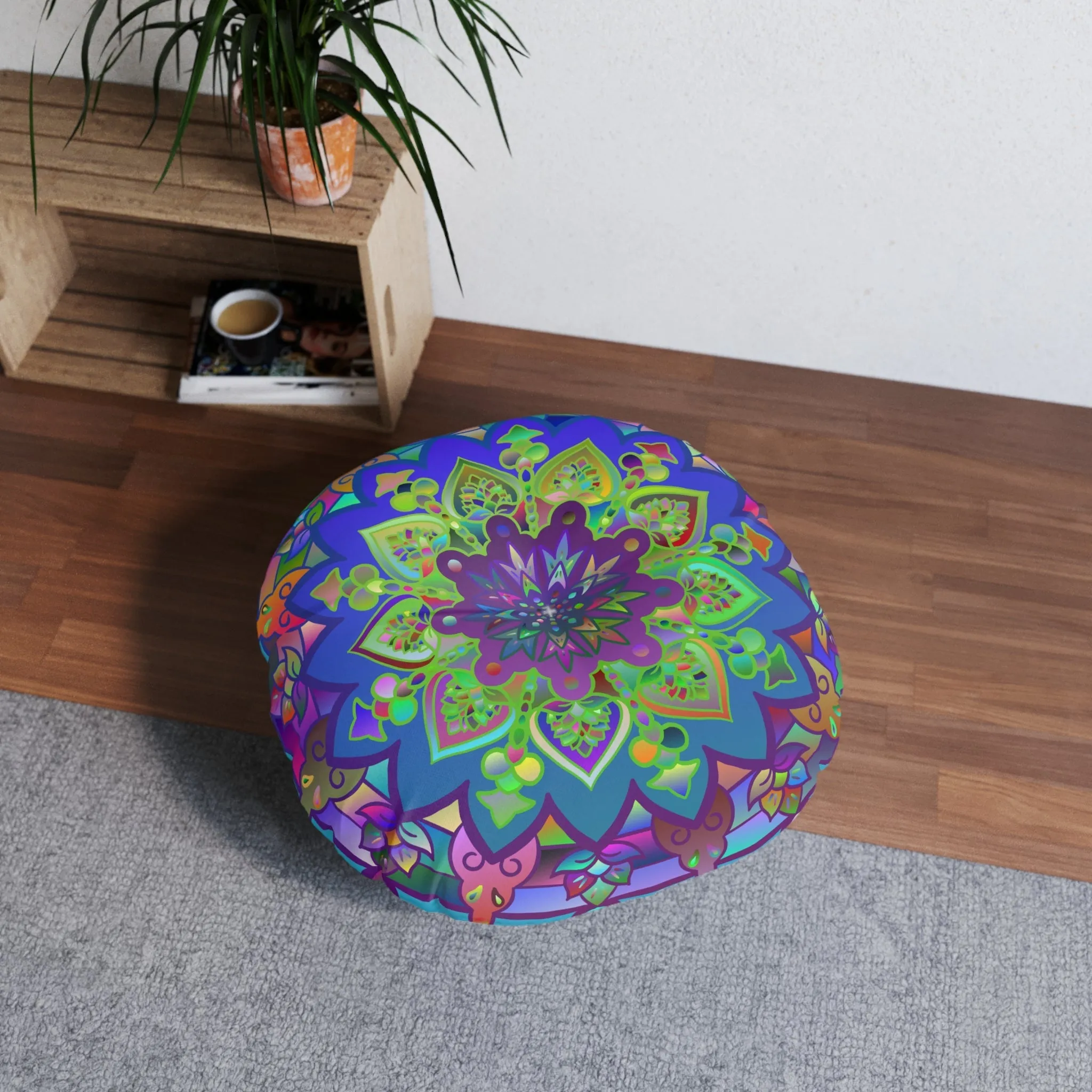Hand Drawn Mandala Art Design - Tufted Round Floor Pillow