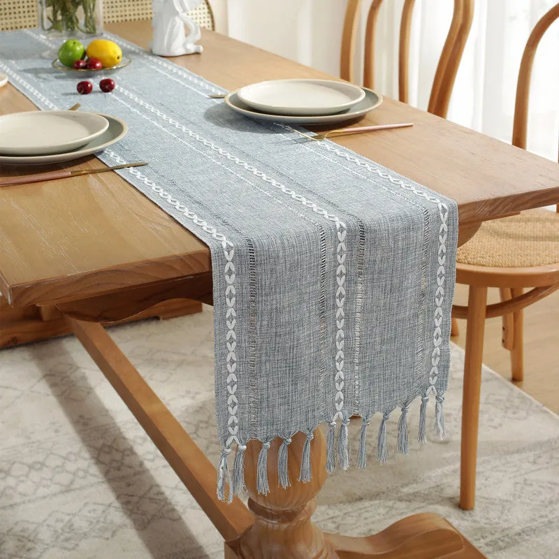 Hand-Woven Table Runner Hollow Tassel Table Flag American Style Country Style Meal Solid Color Tablecloth Table Towel