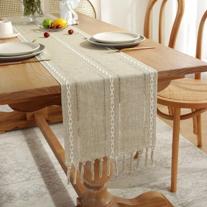 Hand-Woven Table Runner Hollow Tassel Table Flag American Style Country Style Meal Solid Color Tablecloth Table Towel