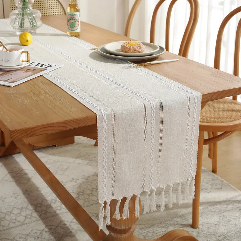 Hand-Woven Table Runner Hollow Tassel Table Flag American Style Country Style Meal Solid Color Tablecloth Table Towel