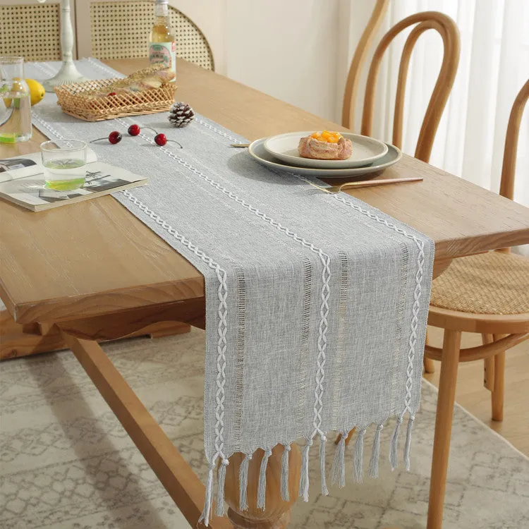 Hand-Woven Table Runner Hollow Tassel Table Flag American Style Country Style Meal Solid Color Tablecloth Table Towel