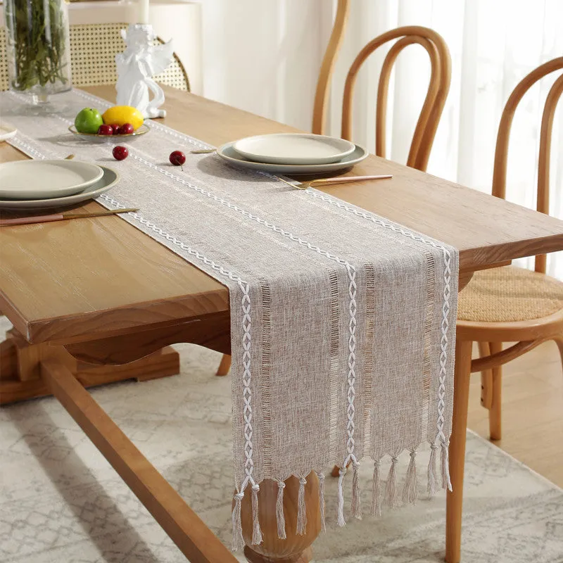 Hand-Woven Table Runner Hollow Tassel Table Flag American Style Country Style Meal Solid Color Tablecloth Table Towel