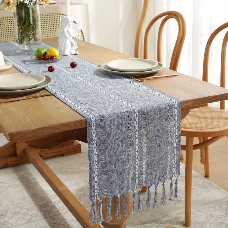 Hand-Woven Table Runner Hollow Tassel Table Flag American Style Country Style Meal Solid Color Tablecloth Table Towel