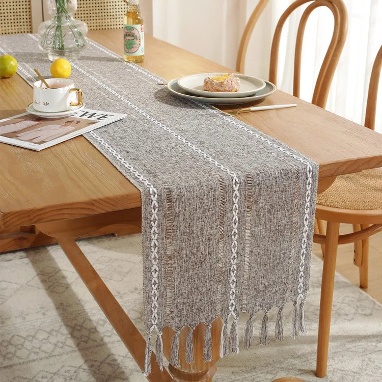 Hand-Woven Table Runner Hollow Tassel Table Flag American Style Country Style Meal Solid Color Tablecloth Table Towel
