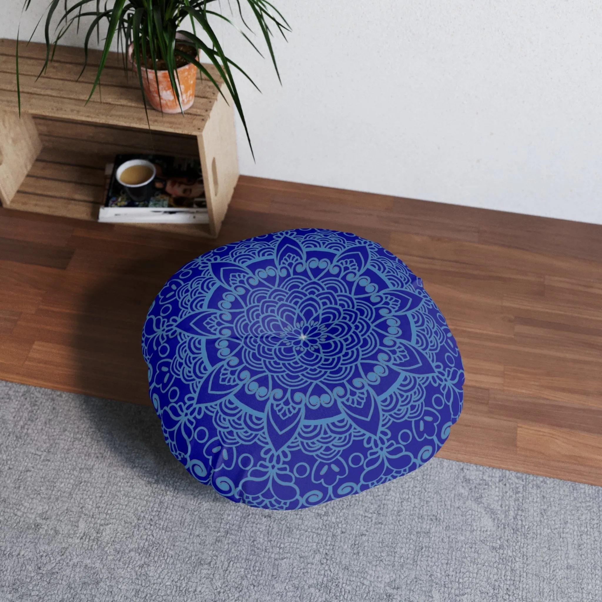 Handmade Mandala Art Floor Cushion - Steel Blue Mandala Design