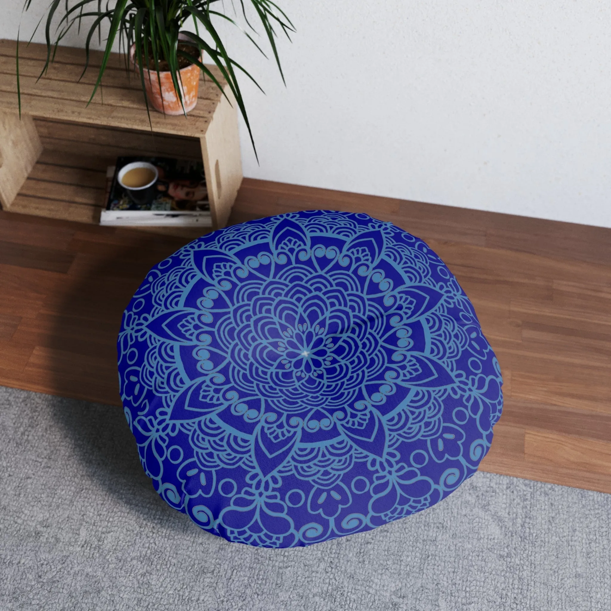 Handmade Mandala Art Floor Cushion - Steel Blue Mandala Design