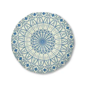 Handmade Mandala Art Floor Cushion - Steel Blue on Beige - Tufted Round