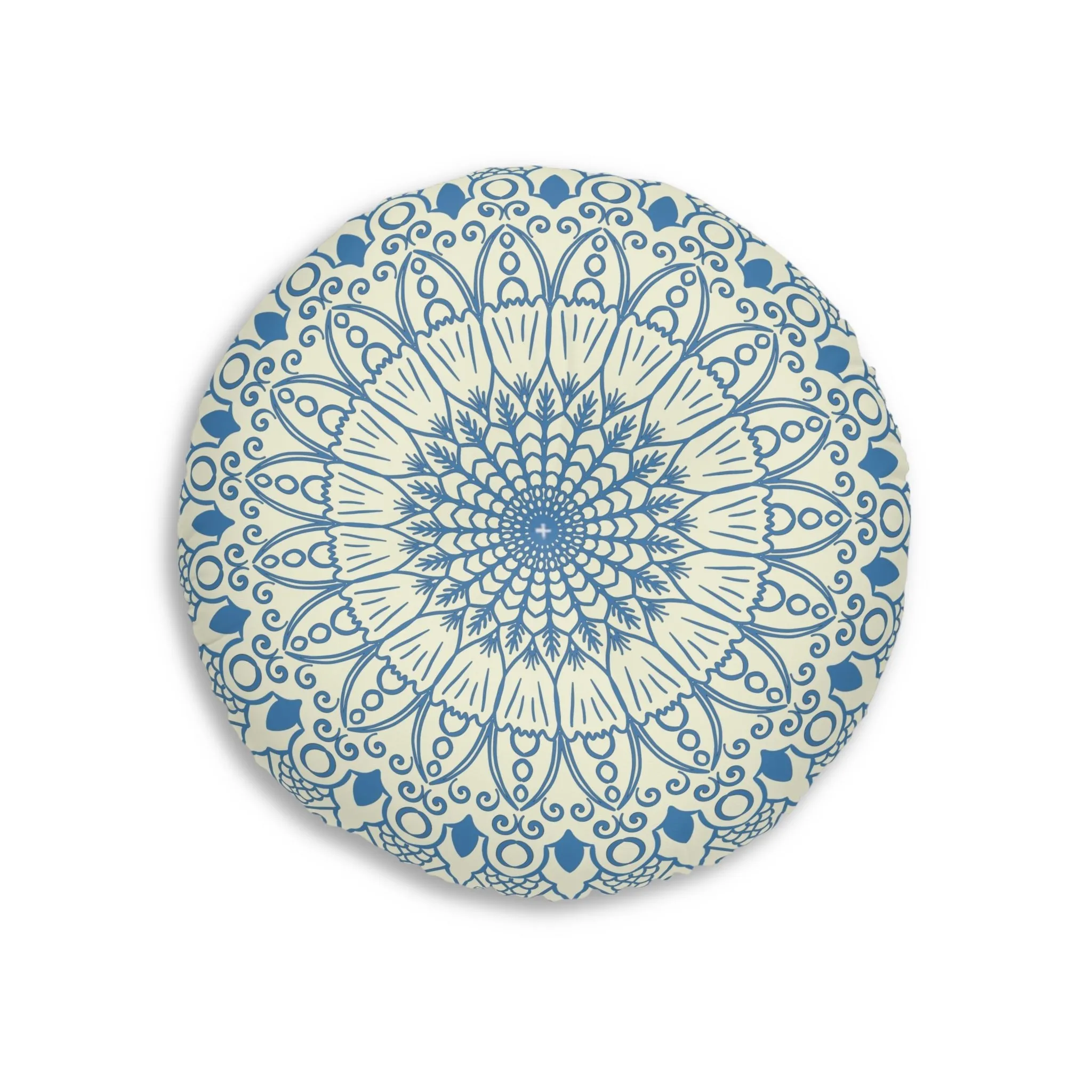 Handmade Mandala Art Floor Cushion - Steel Blue on Beige - Tufted Round