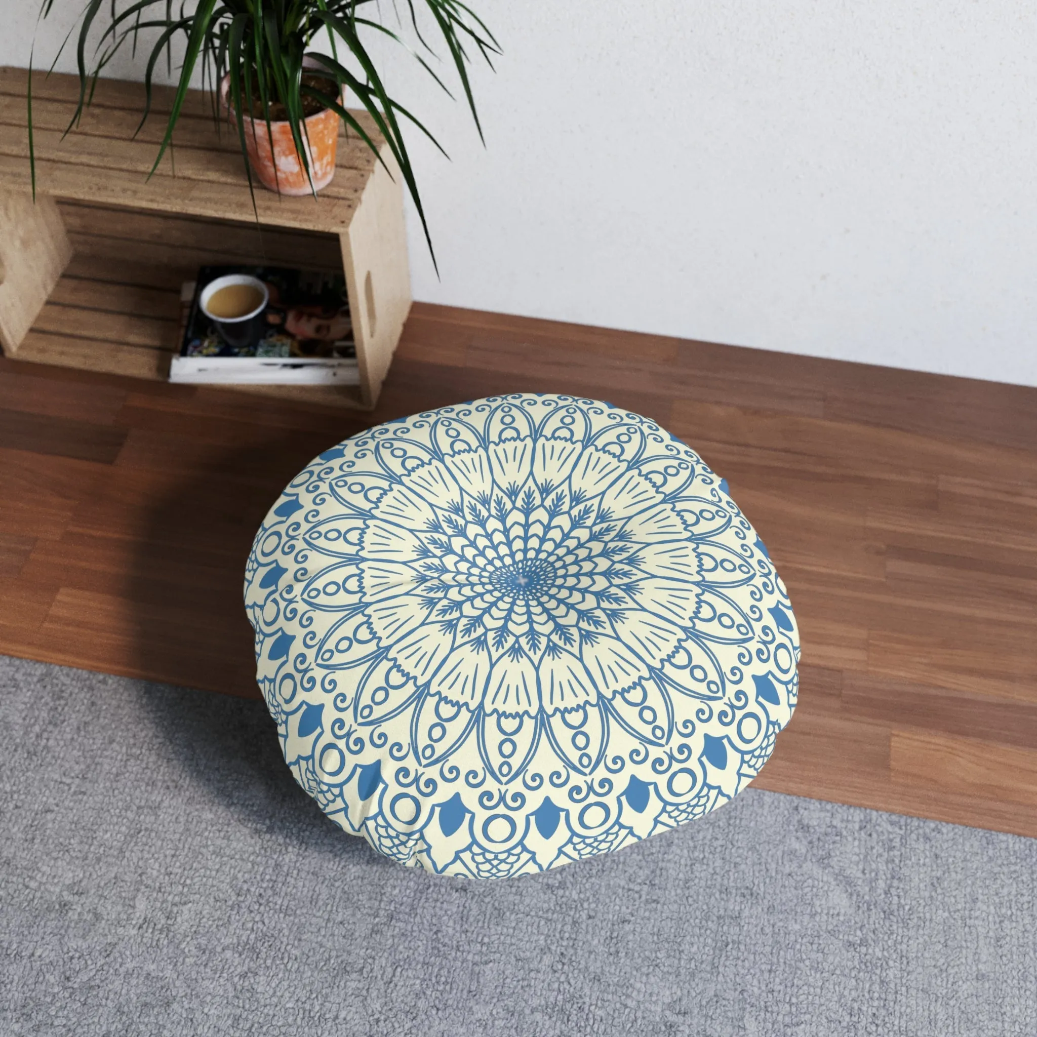 Handmade Mandala Art Floor Cushion - Steel Blue on Beige - Tufted Round