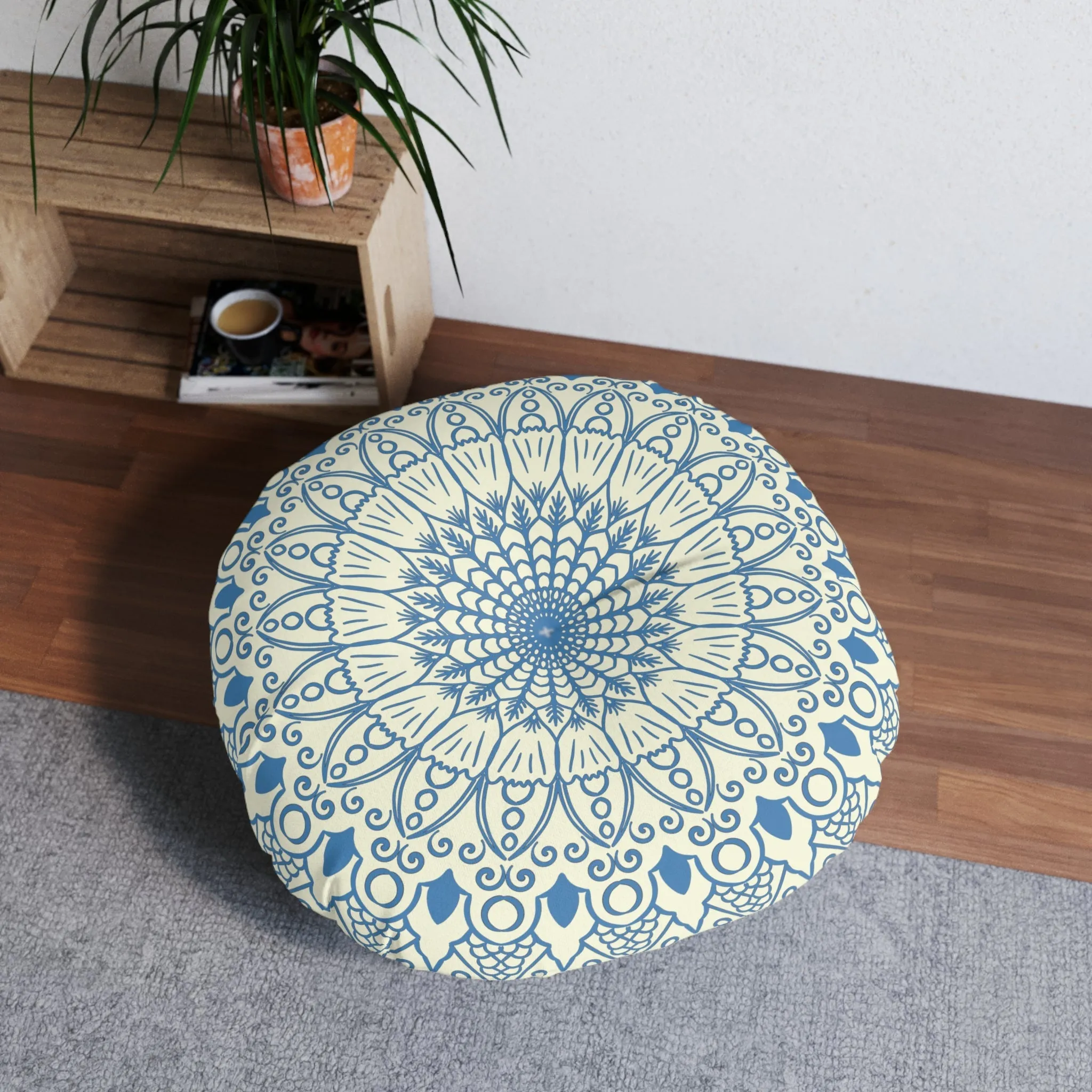Handmade Mandala Art Floor Cushion - Steel Blue on Beige - Tufted Round