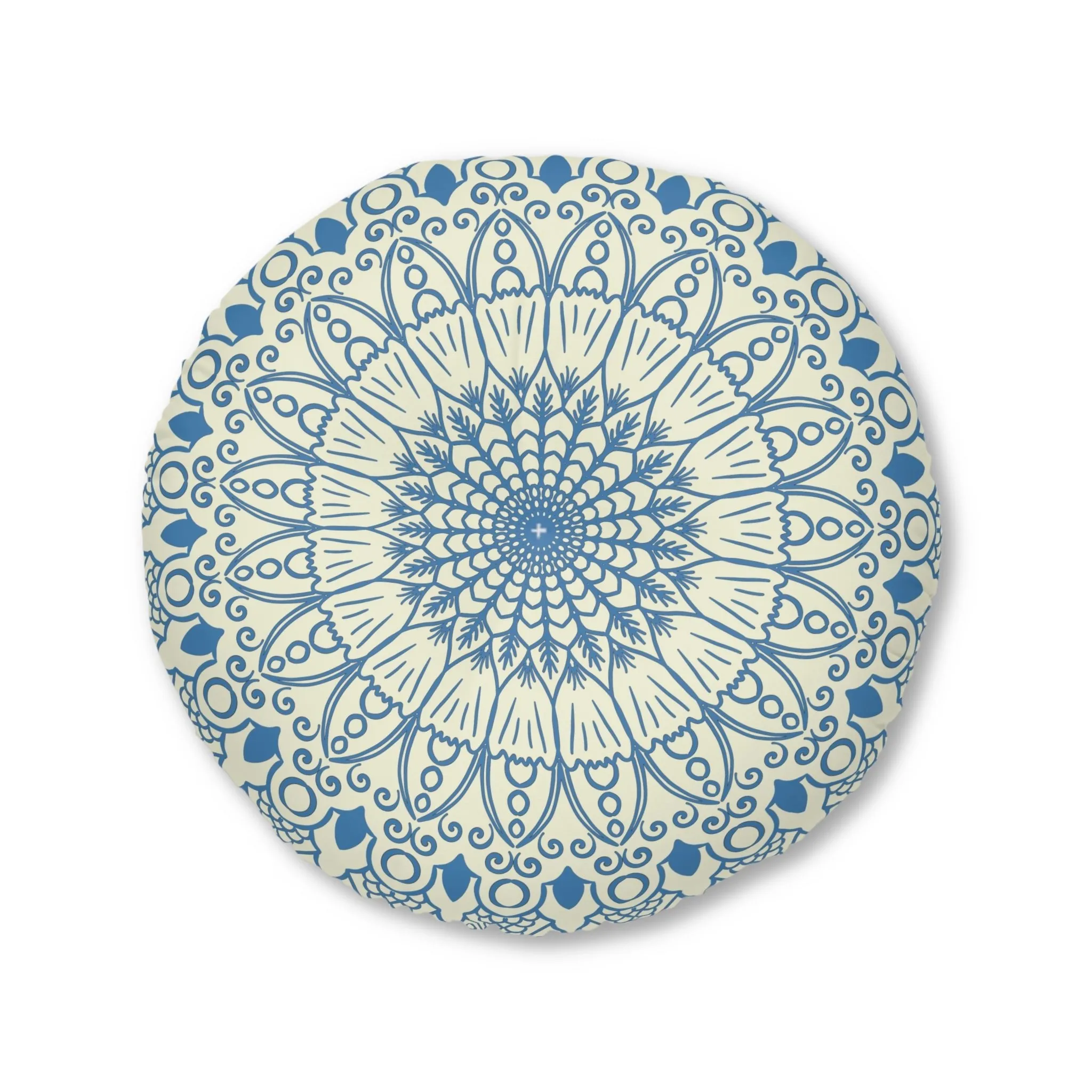 Handmade Mandala Art Floor Cushion - Steel Blue on Beige - Tufted Round