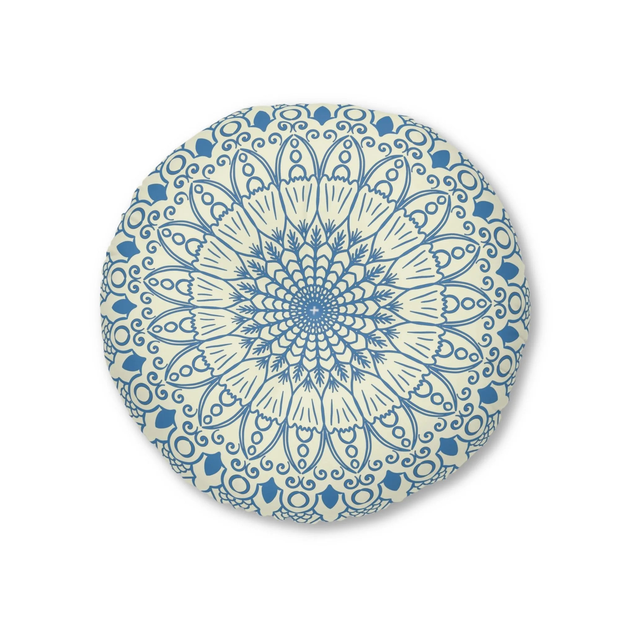 Handmade Mandala Art Floor Cushion - Steel Blue on Beige - Tufted Round