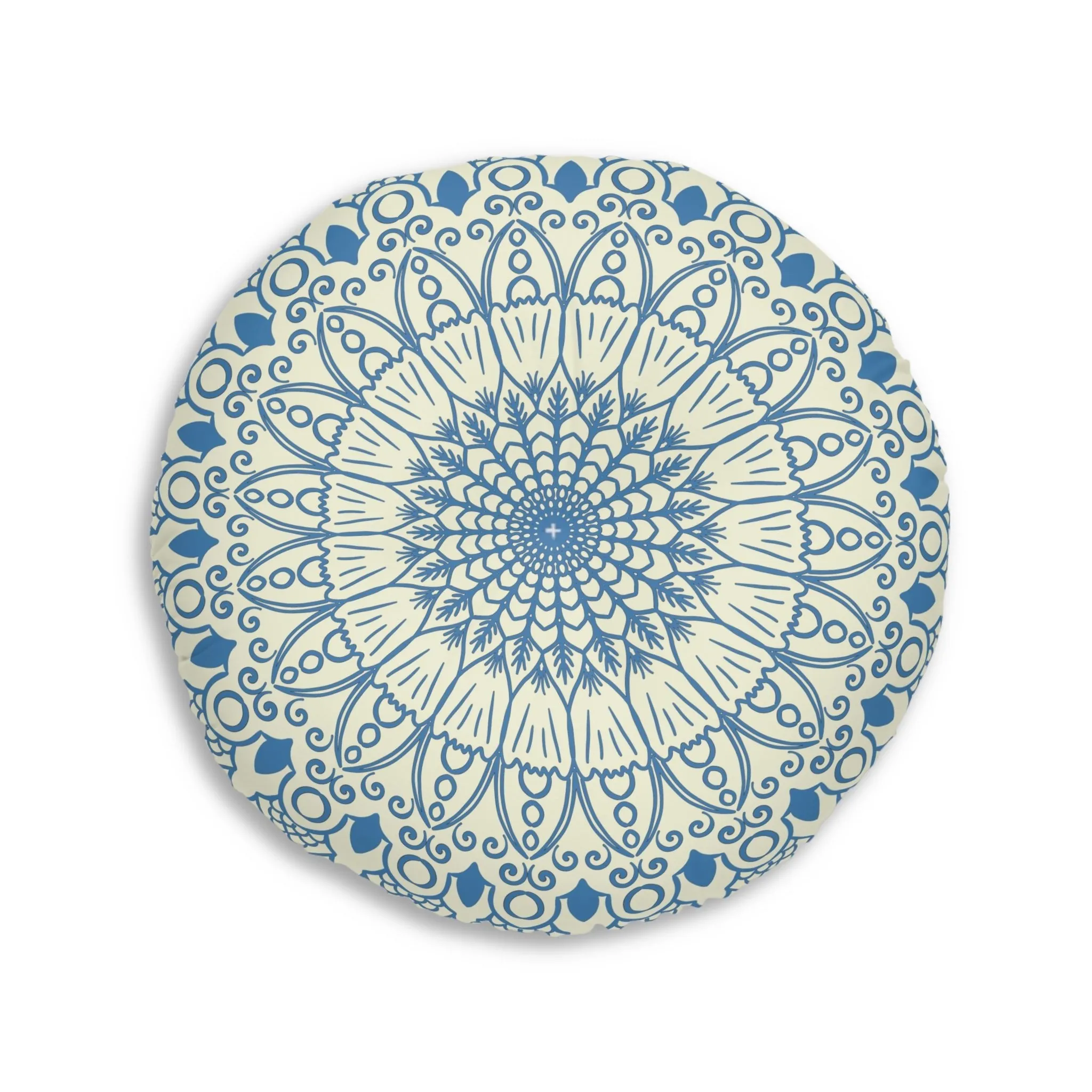 Handmade Mandala Art Floor Cushion - Steel Blue on Beige - Tufted Round