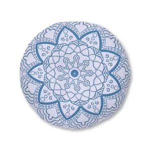 Handmade Mandala Art Floor Cushion - Steel Blue on Lavender - Drawn by Hand - Tufted Round Pillow