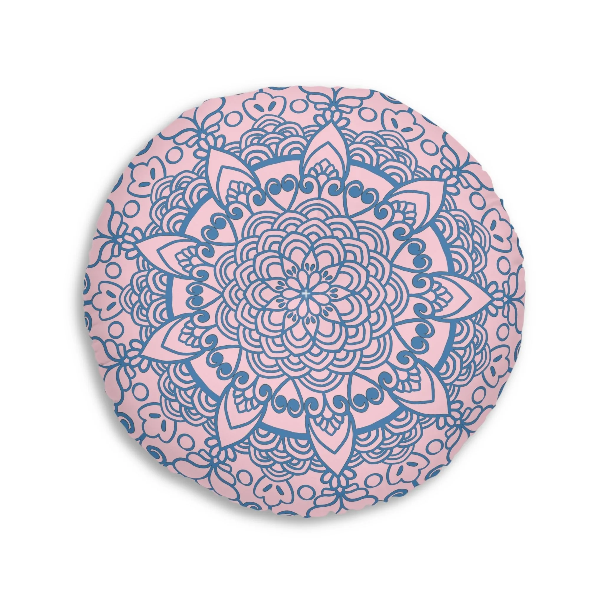 Handmade Mandala Art Floor Cushion - Steel Blue on Pastel Pink - Round