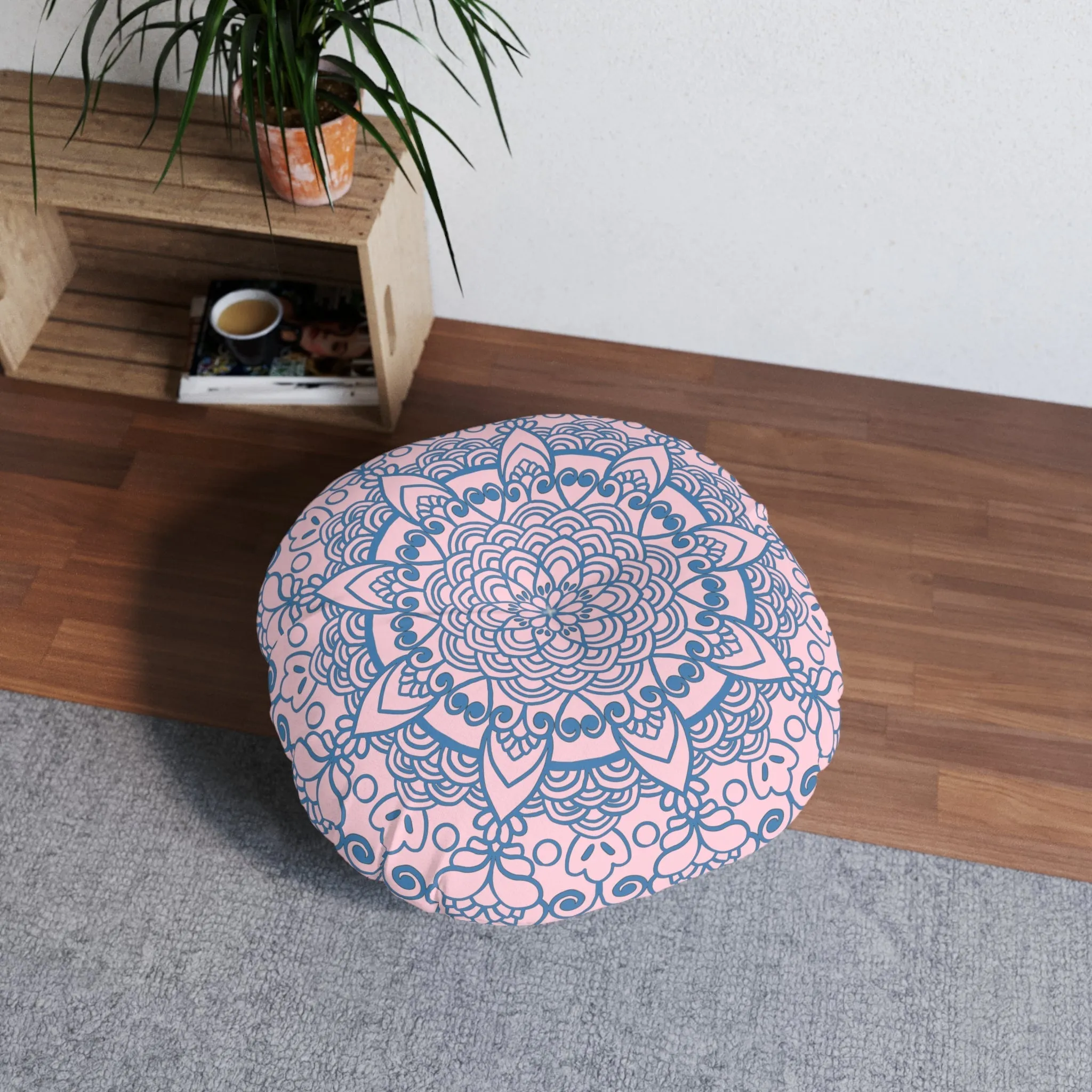 Handmade Mandala Art Floor Cushion - Steel Blue on Pastel Pink - Round