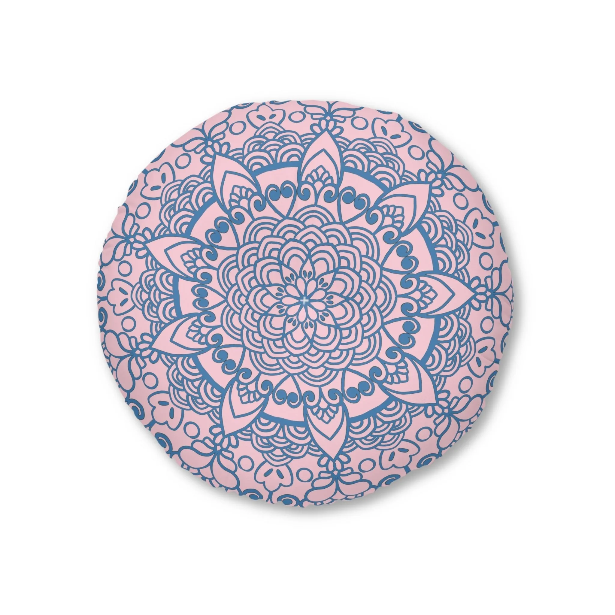 Handmade Mandala Art Floor Cushion - Steel Blue on Pastel Pink - Round