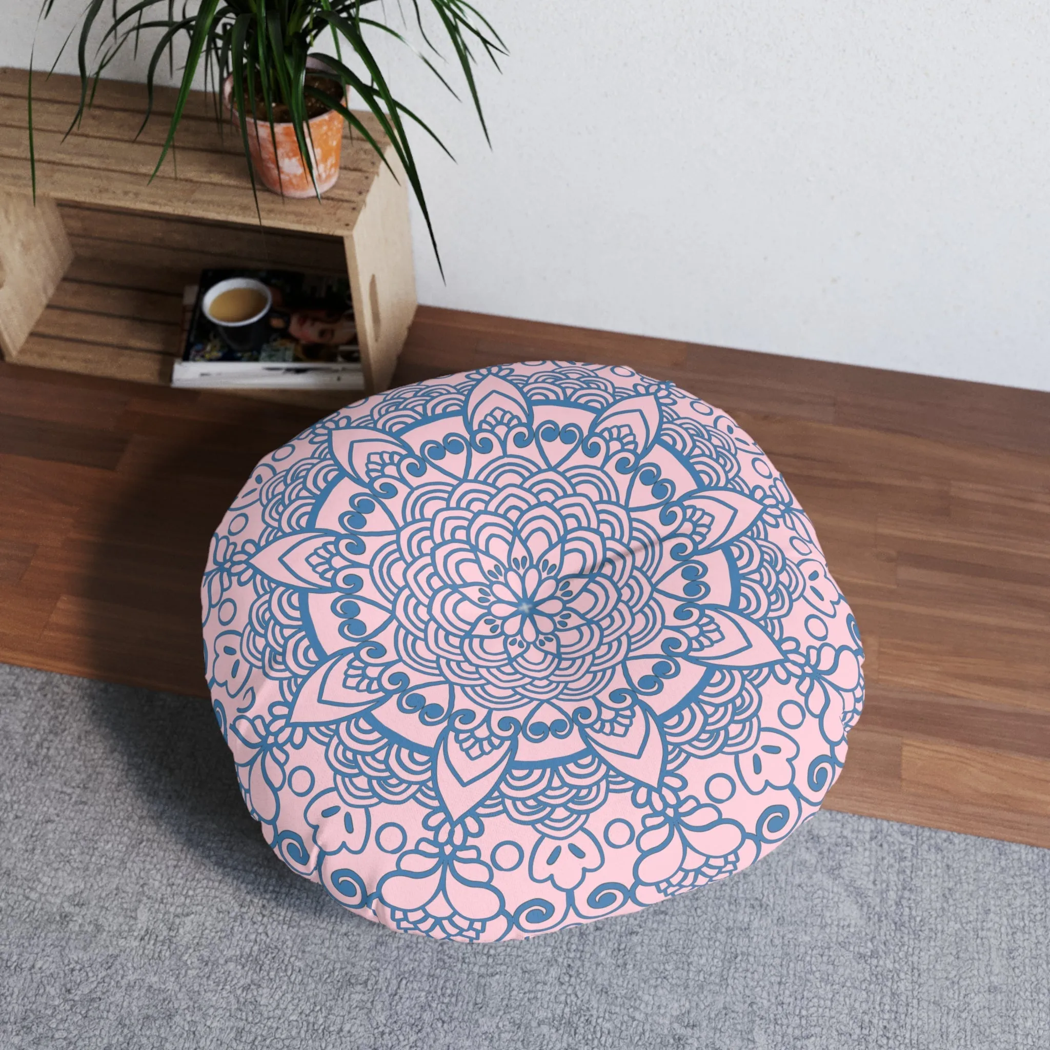 Handmade Mandala Art Floor Cushion - Steel Blue on Pastel Pink - Round