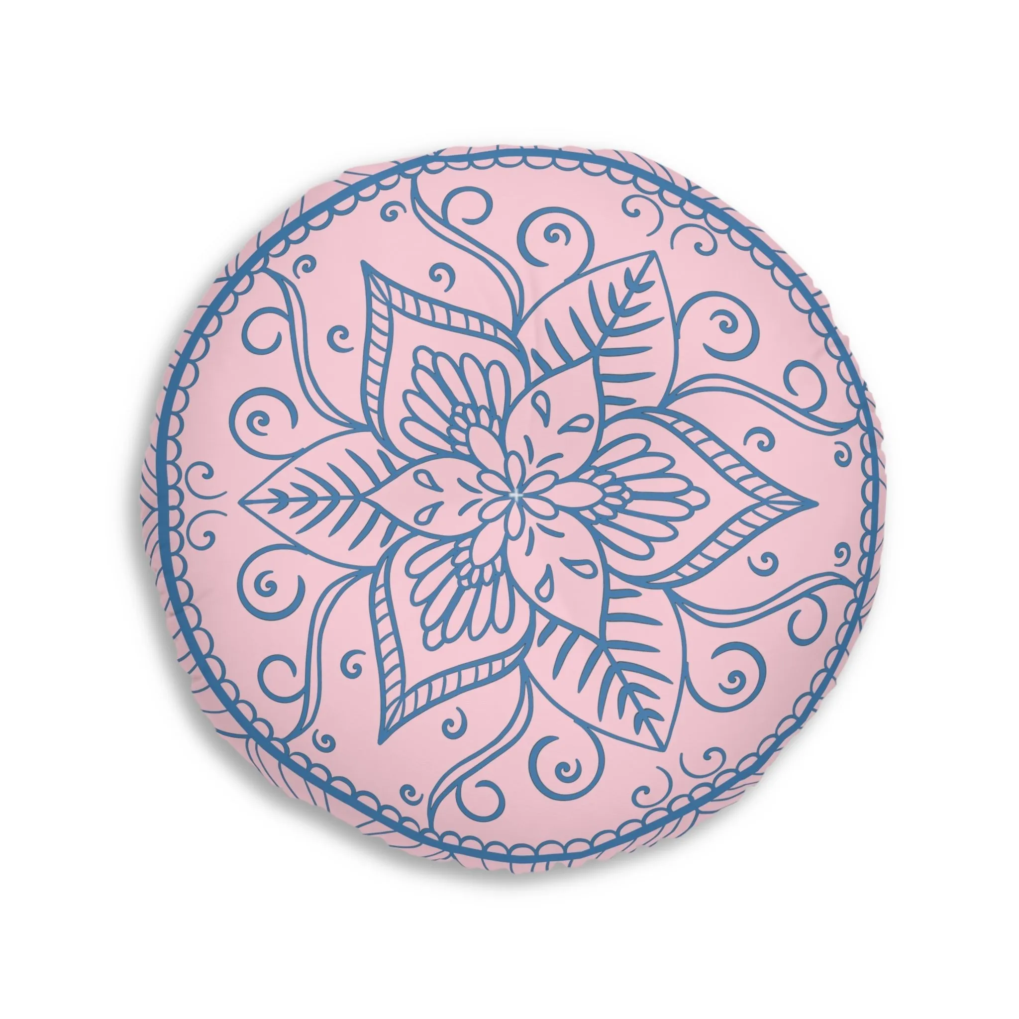 Handmade Mandala Art Floor Cushion - Steel Blue on Pastel Pink