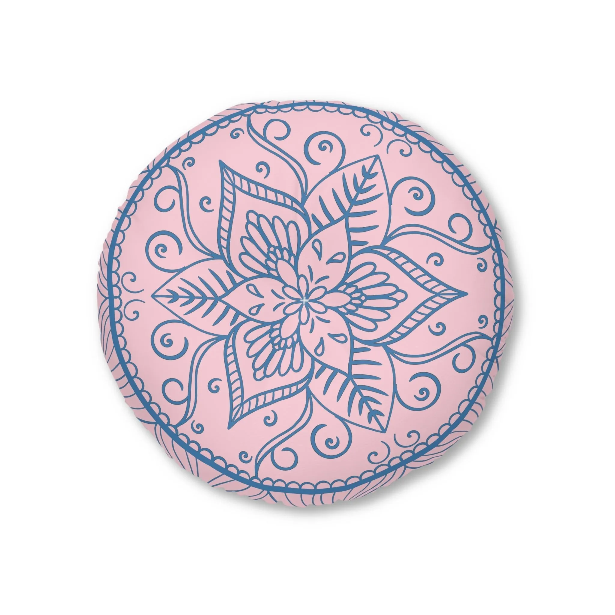 Handmade Mandala Art Floor Cushion - Steel Blue on Pastel Pink