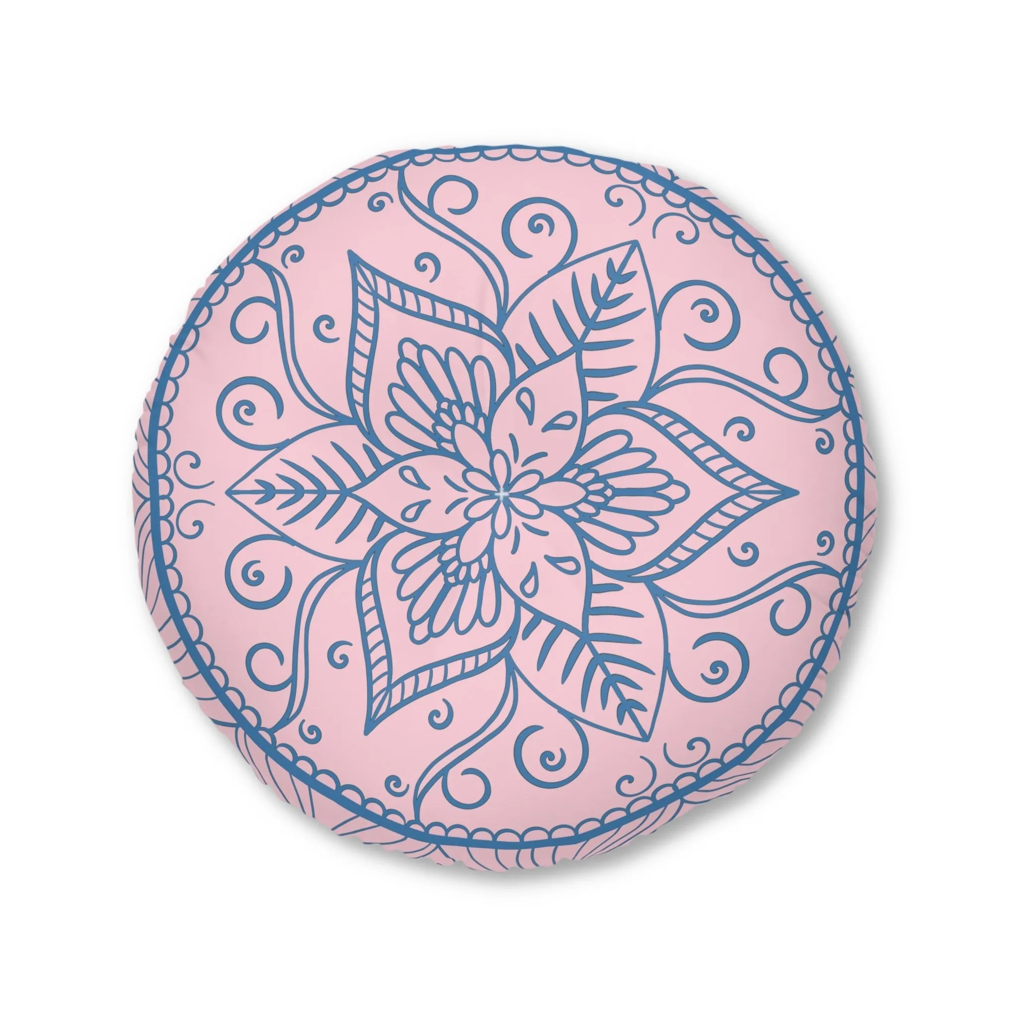 Handmade Mandala Art Floor Cushion - Steel Blue on Pastel Pink