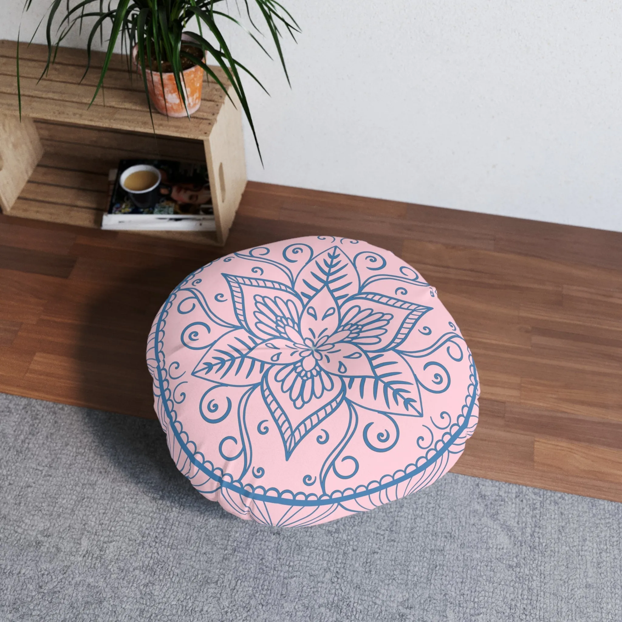 Handmade Mandala Art Floor Cushion - Steel Blue on Pastel Pink