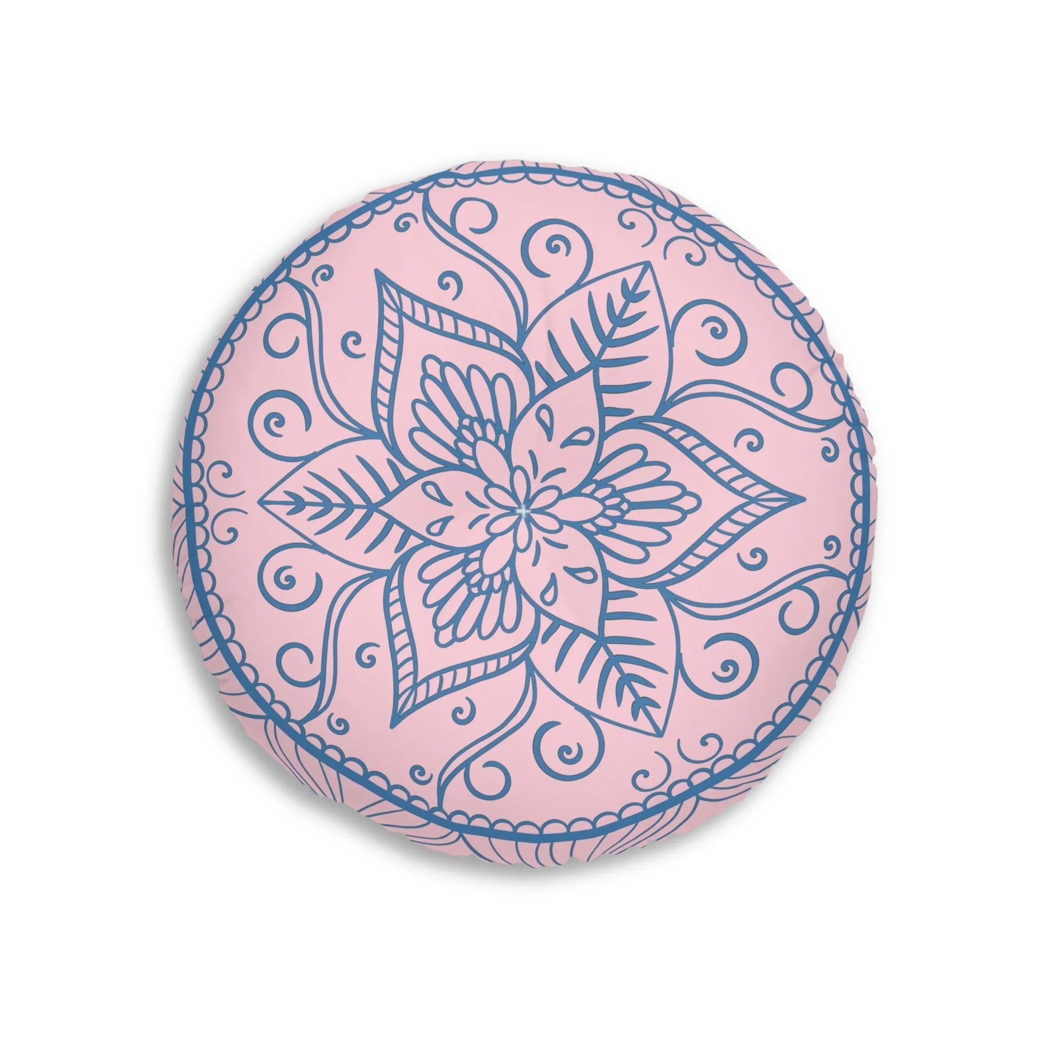 Handmade Mandala Art Floor Cushion - Steel Blue on Pastel Pink