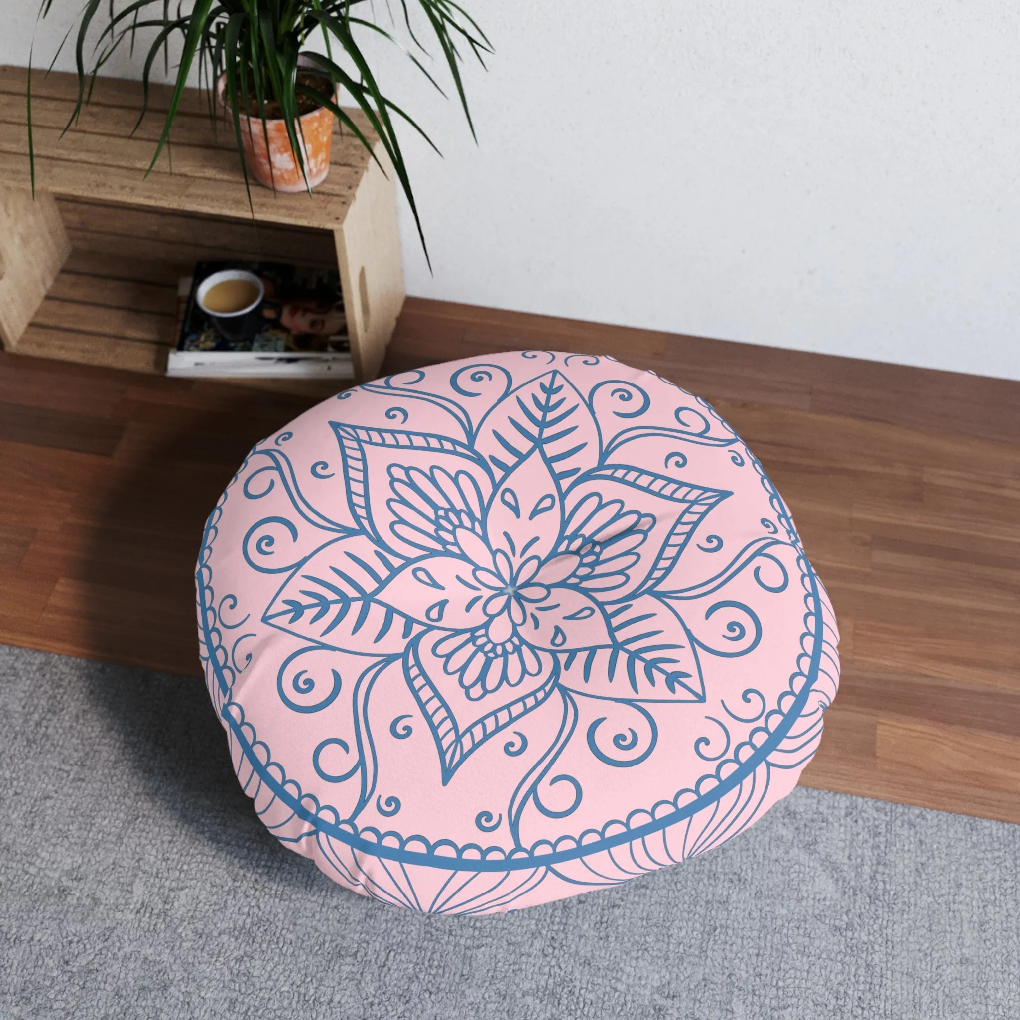 Handmade Mandala Art Floor Cushion - Steel Blue on Pastel Pink