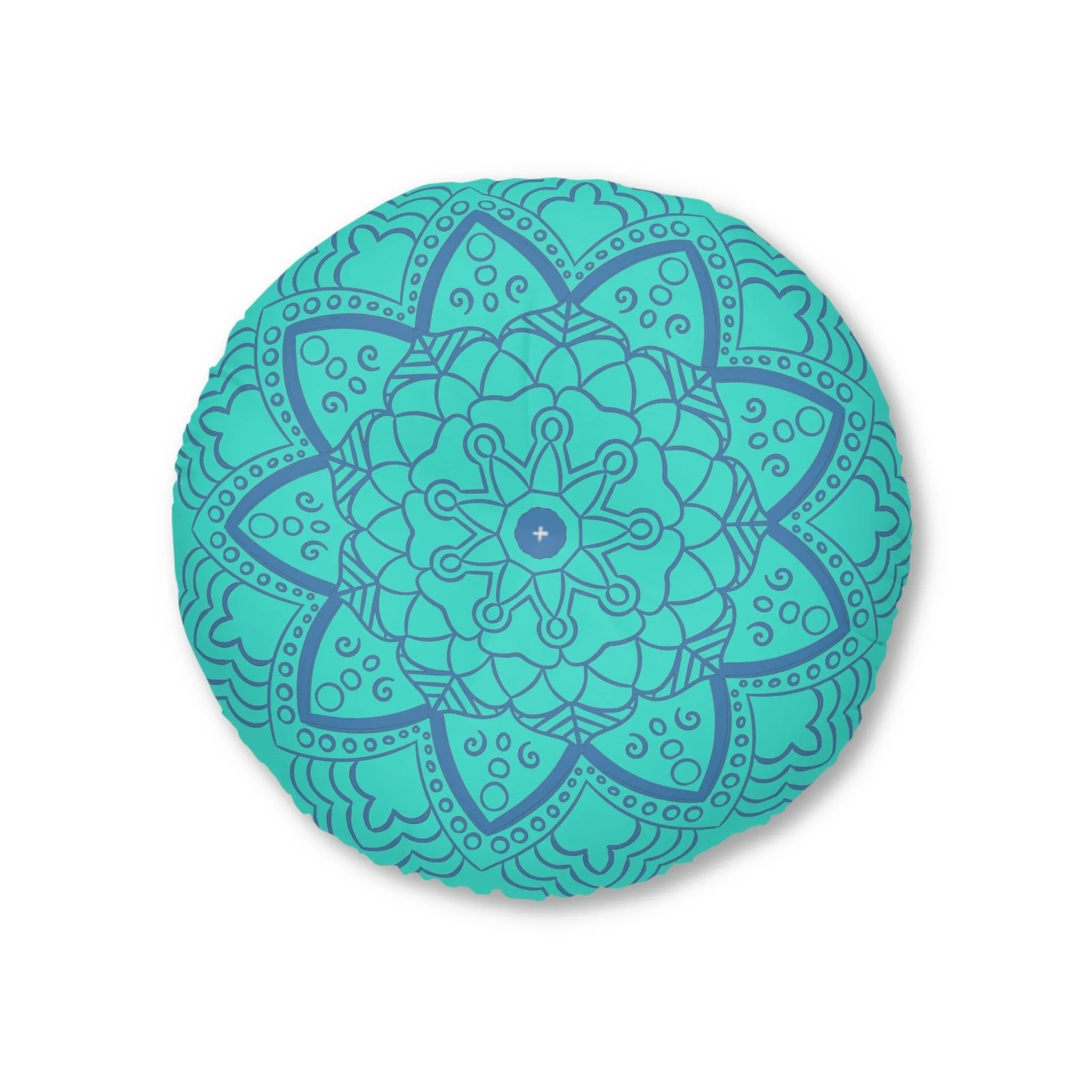 Handmade Mandala Art Floor Cushion - Steel Blue on Turquoise - Tufted