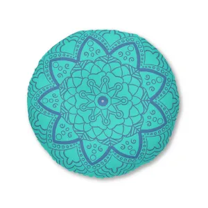 Handmade Mandala Art Floor Cushion - Steel Blue on Turquoise - Tufted