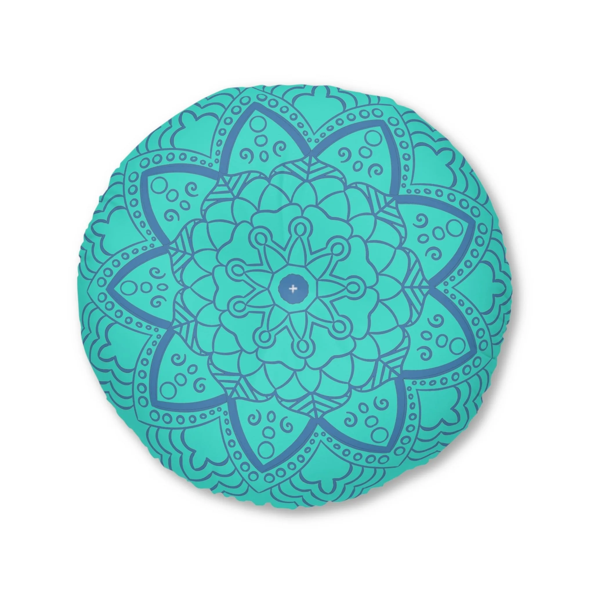 Handmade Mandala Art Floor Cushion - Steel Blue on Turquoise - Tufted