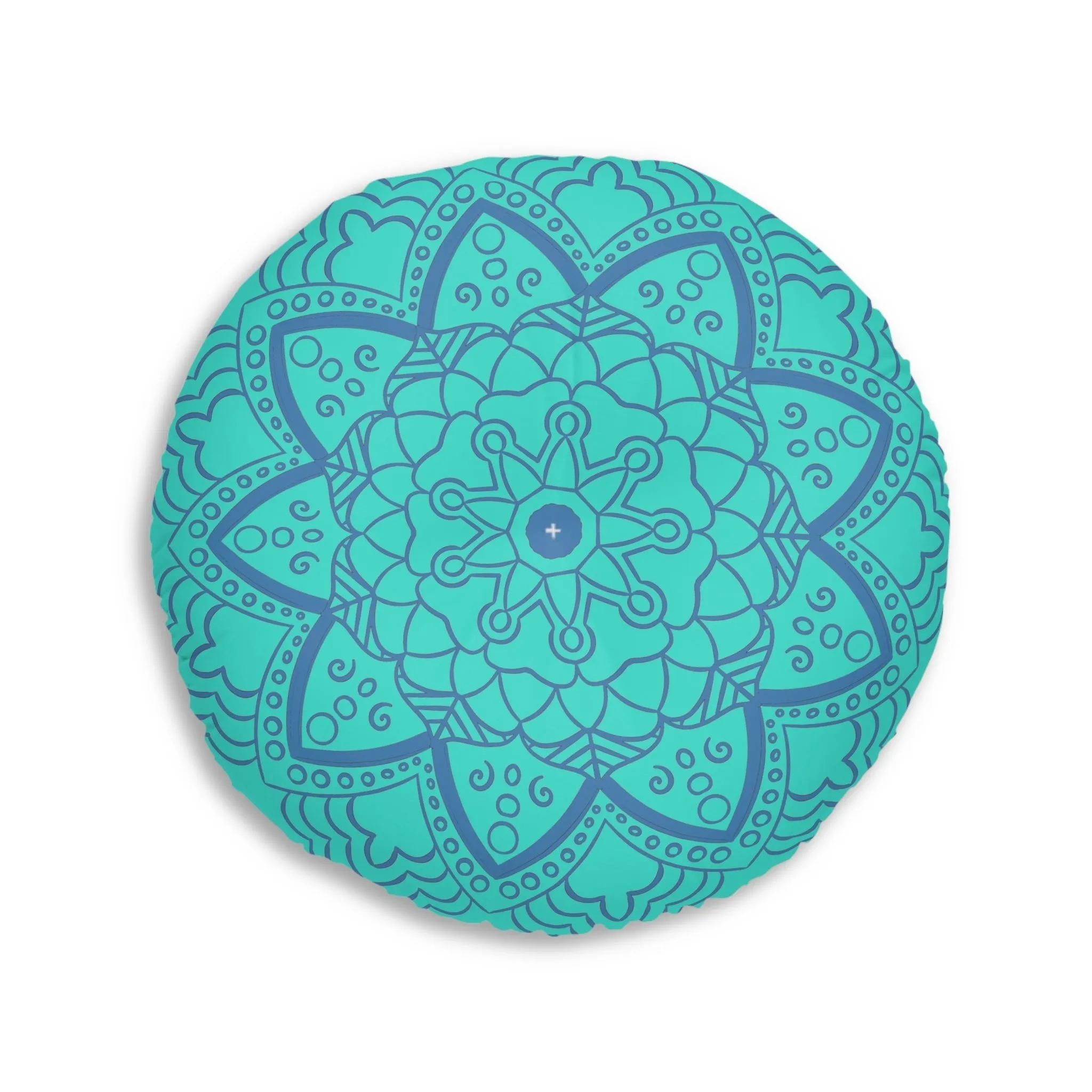 Handmade Mandala Art Floor Cushion - Steel Blue on Turquoise - Tufted