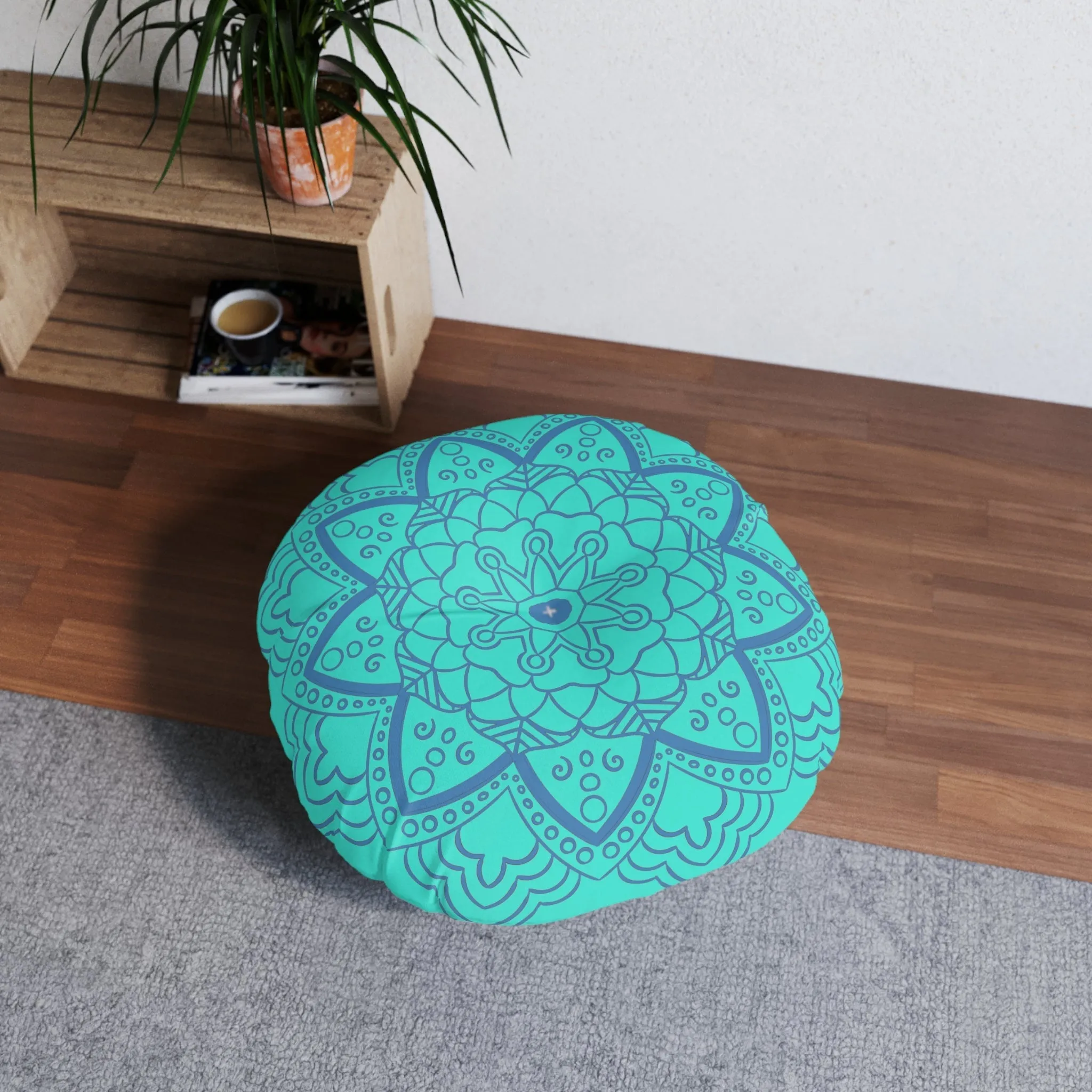 Handmade Mandala Art Floor Cushion - Steel Blue on Turquoise - Tufted