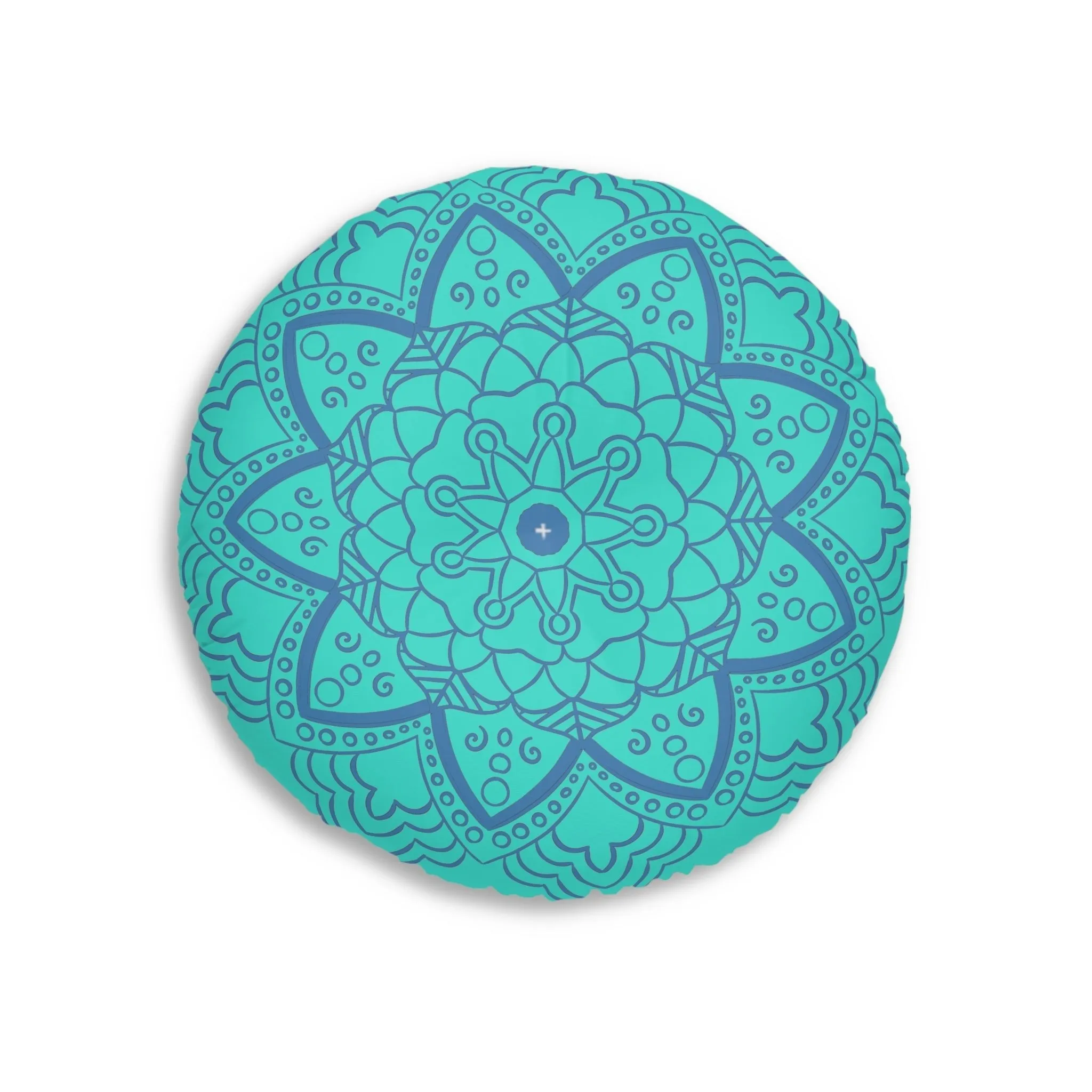 Handmade Mandala Art Floor Cushion - Steel Blue on Turquoise - Tufted