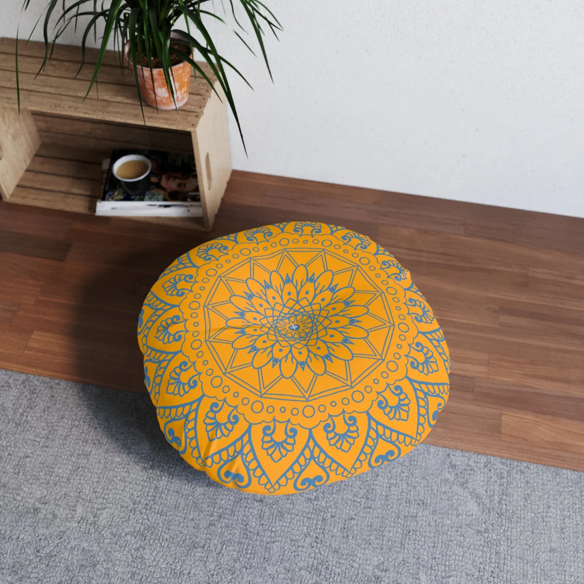 Handmade Mandala Art Floor Cushion - Steel Blue/Orange - Tufted Round