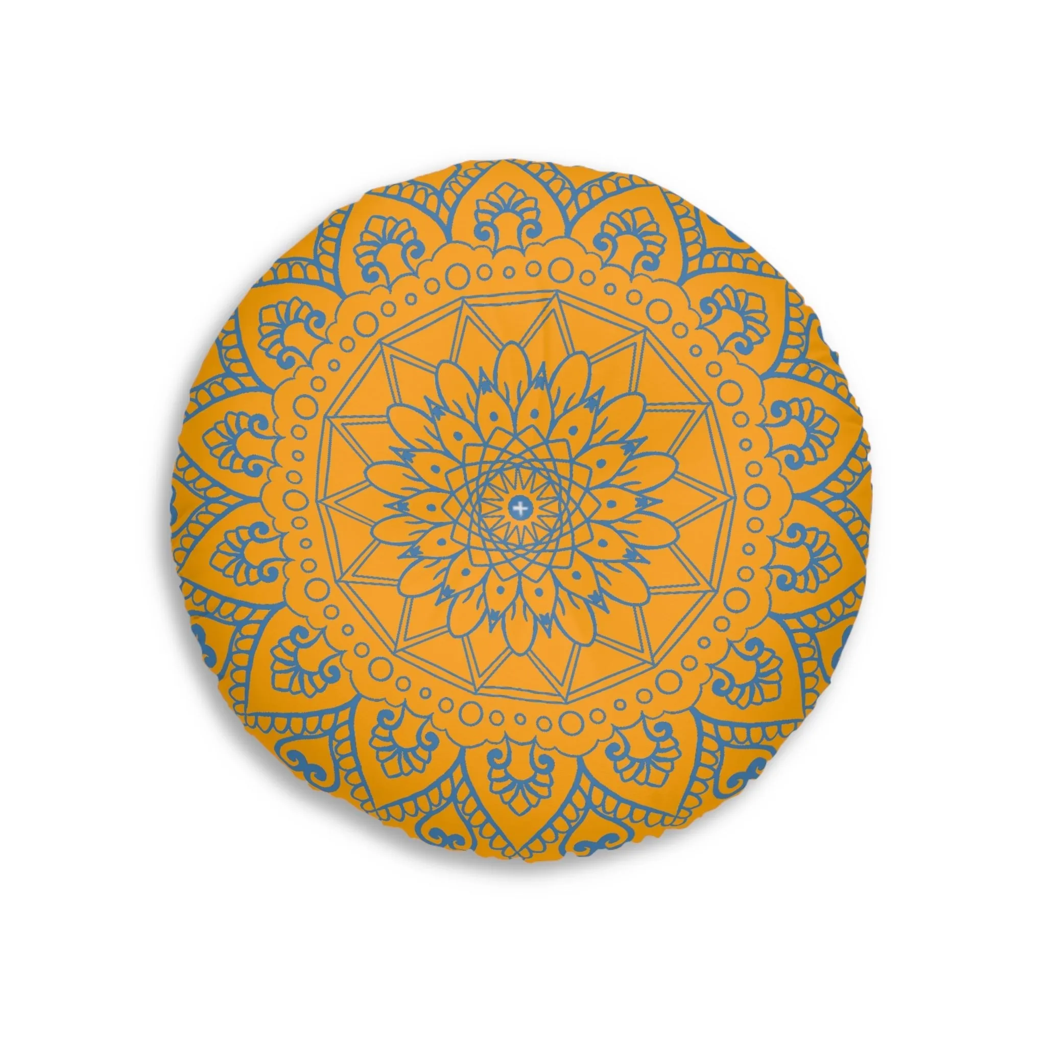 Handmade Mandala Art Floor Cushion - Steel Blue/Orange - Tufted Round