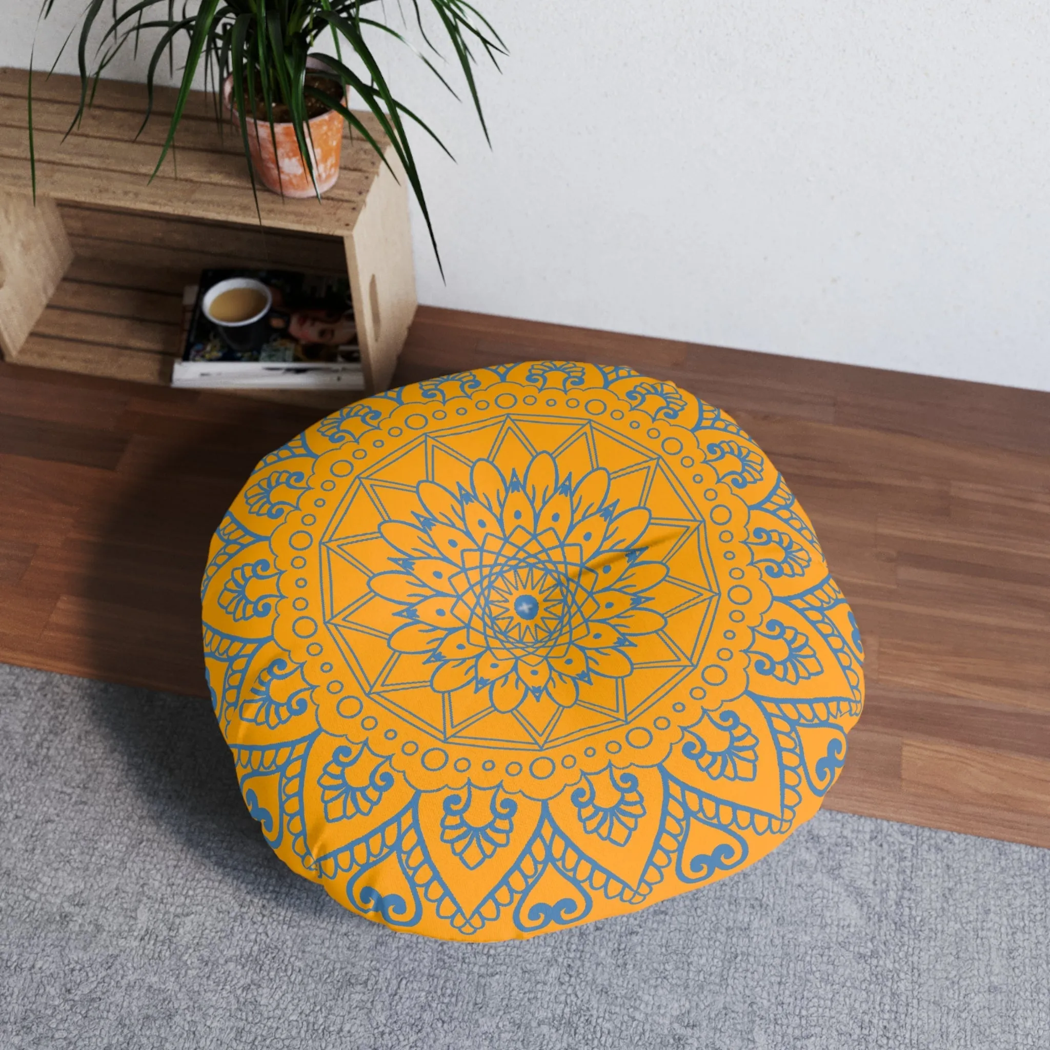 Handmade Mandala Art Floor Cushion - Steel Blue/Orange - Tufted Round
