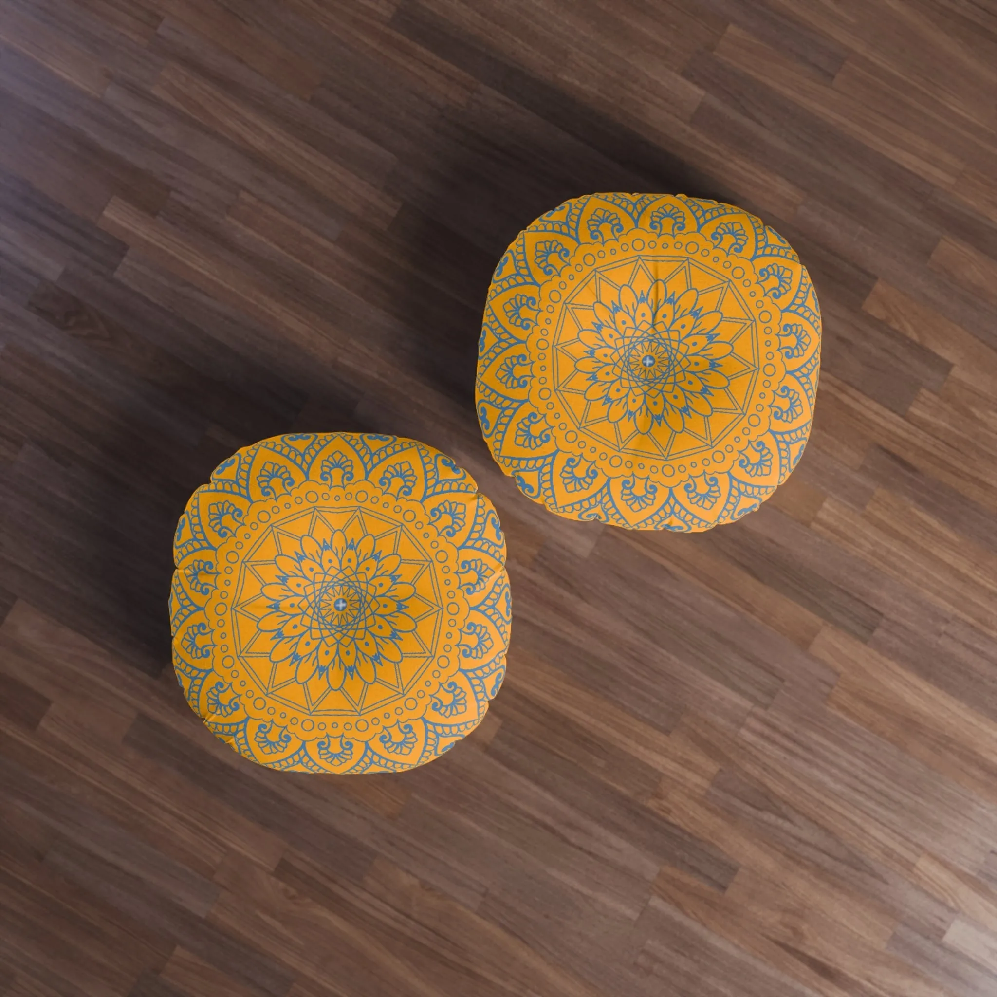 Handmade Mandala Art Floor Cushion - Steel Blue/Orange - Tufted Round
