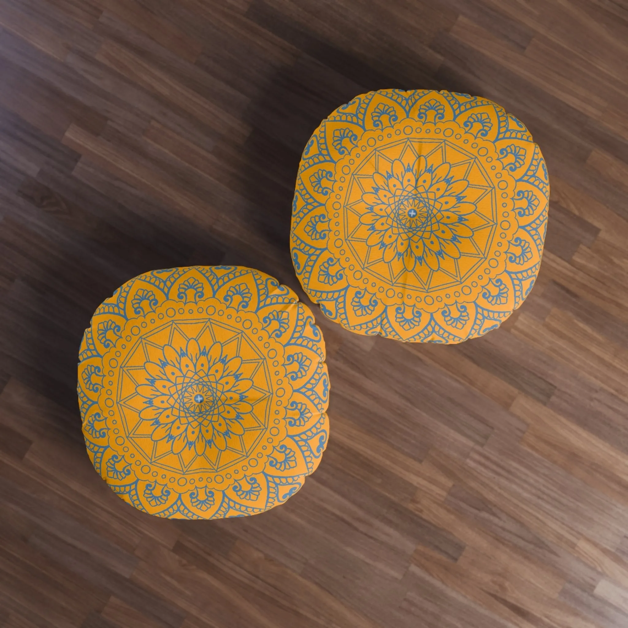 Handmade Mandala Art Floor Cushion - Steel Blue/Orange - Tufted Round