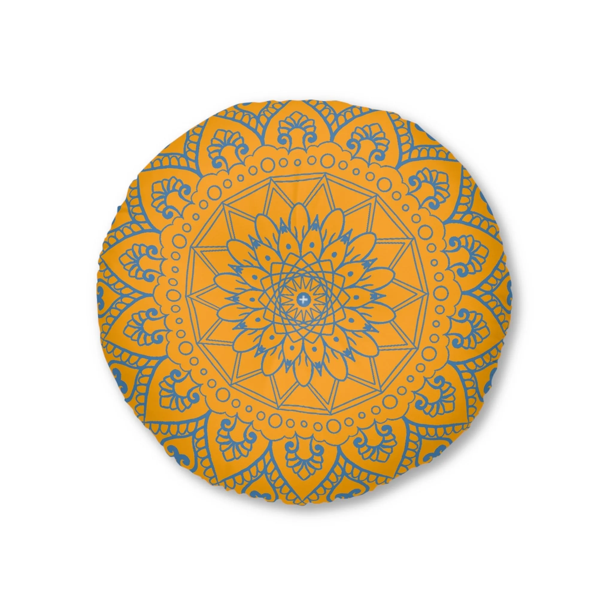 Handmade Mandala Art Floor Cushion - Steel Blue/Orange - Tufted Round