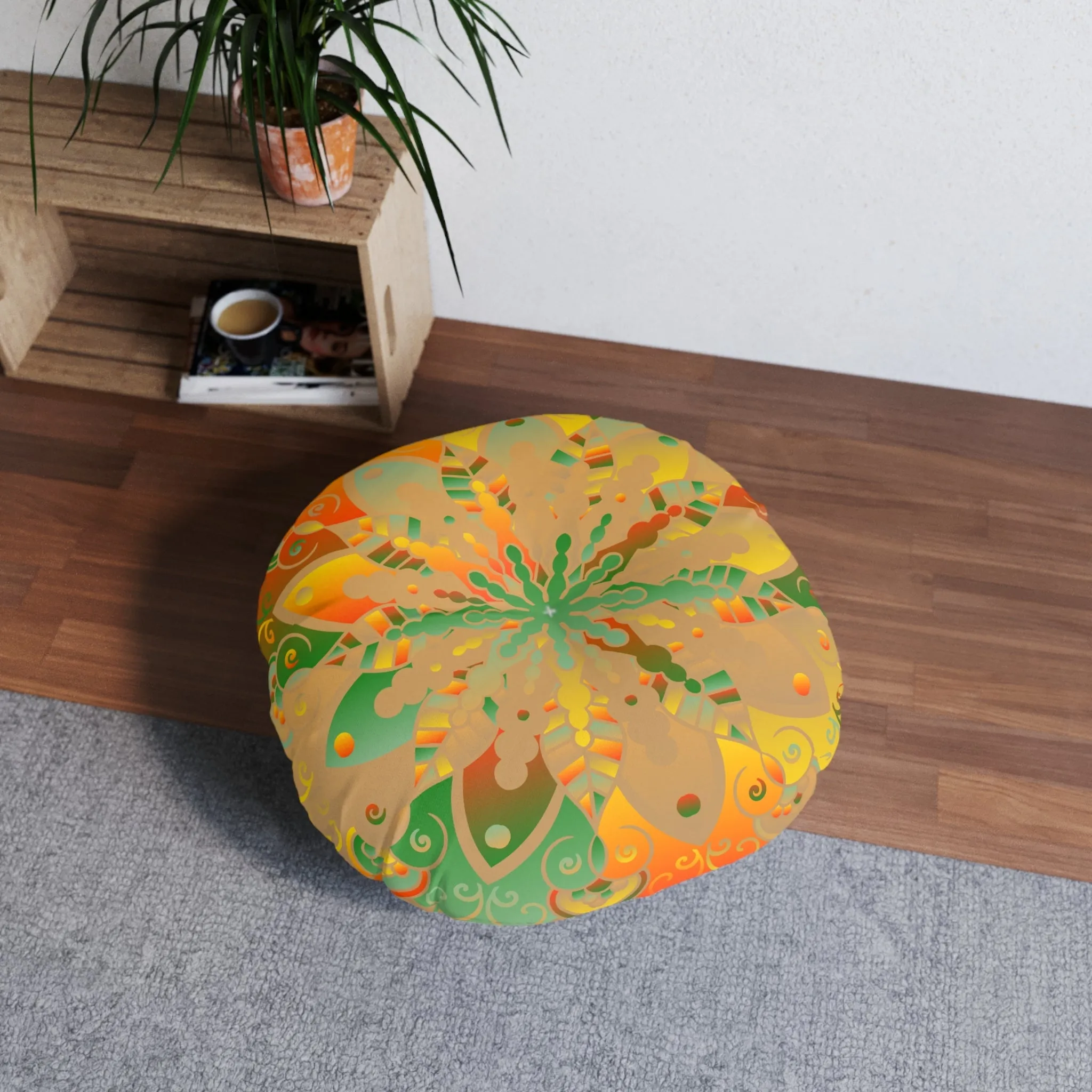 Handmade Mandala Art Round Tufted Floor Pillow - Dune