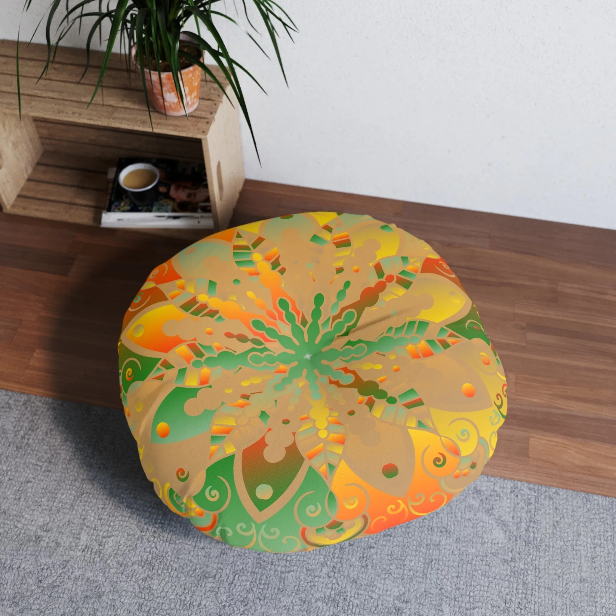 Handmade Mandala Art Round Tufted Floor Pillow - Dune