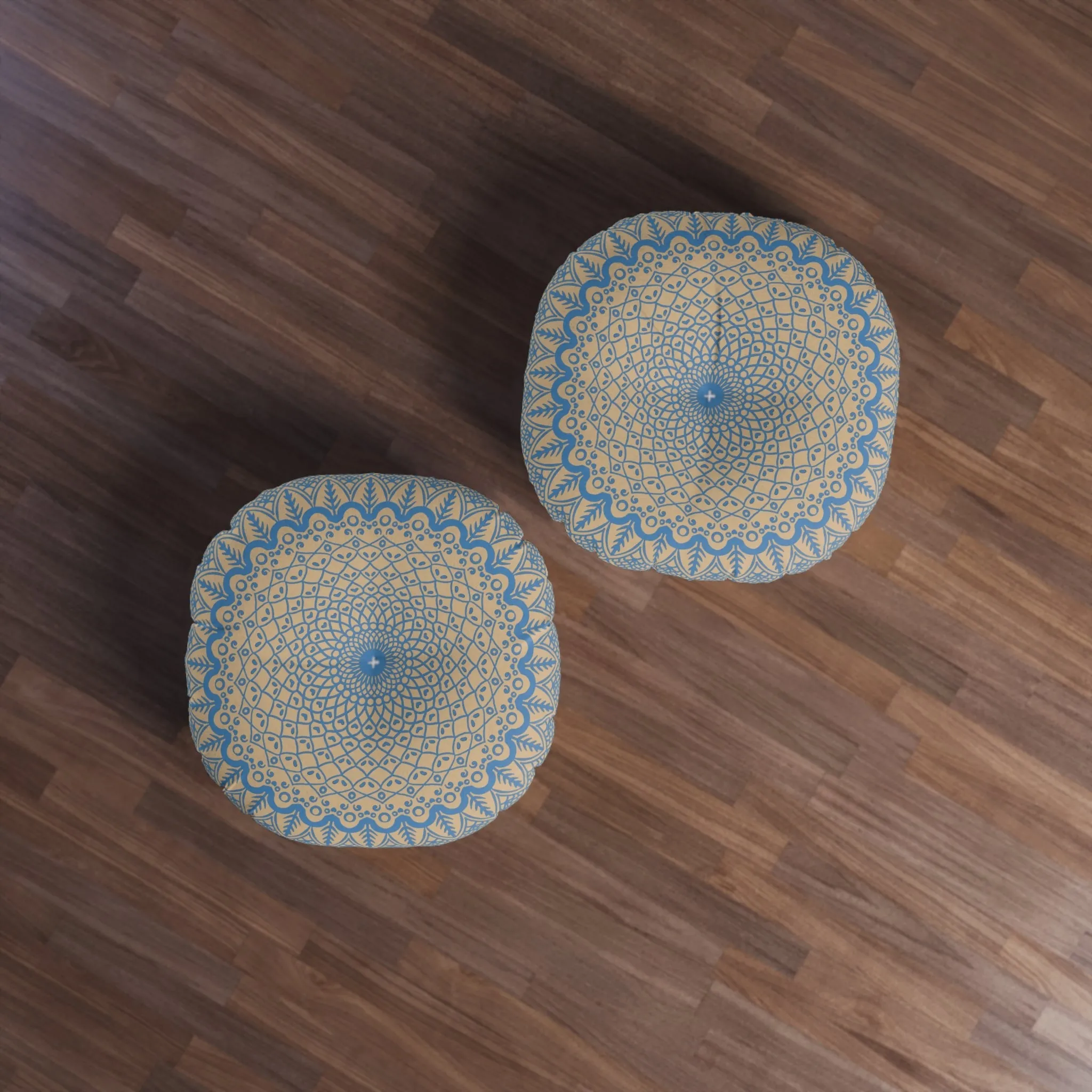 Handmade Mandala Art Steel Blue on Tan - Tufted Floor Pillow