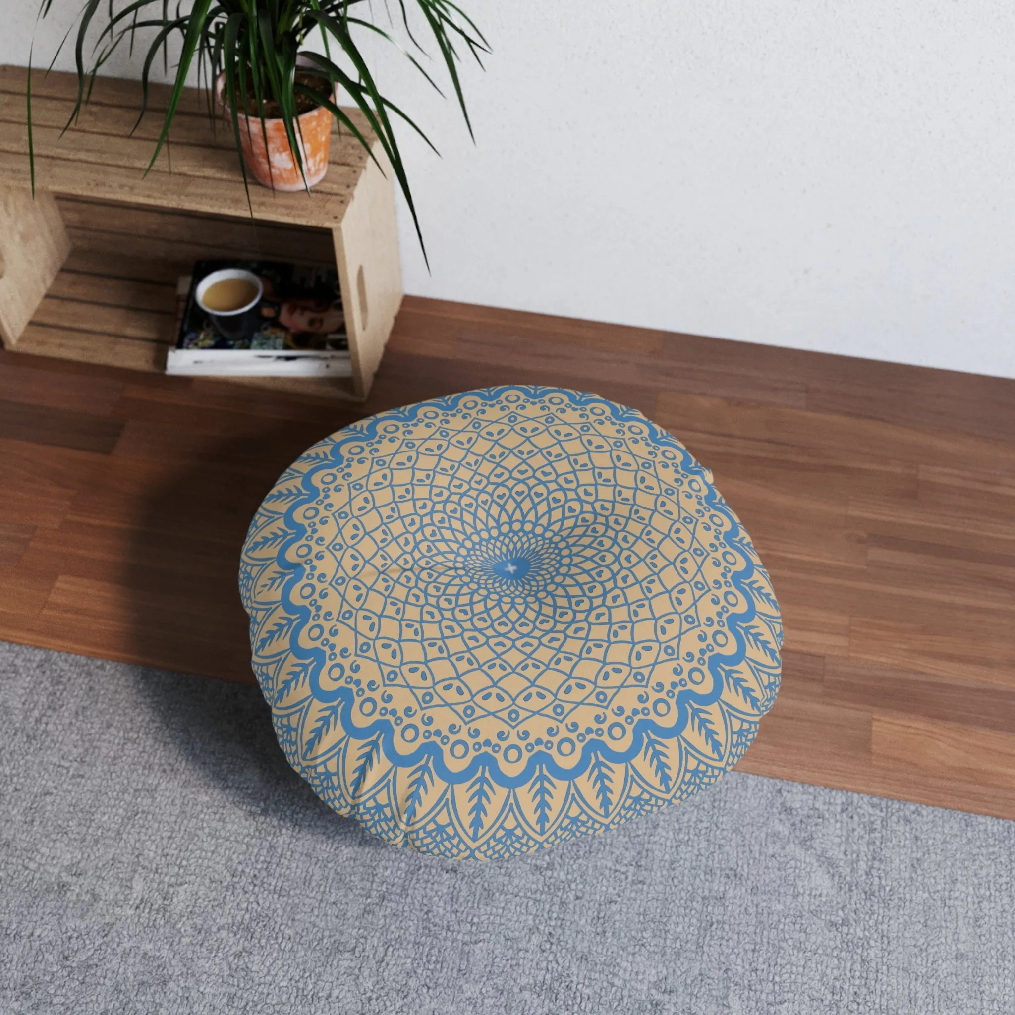 Handmade Mandala Art Steel Blue on Tan - Tufted Floor Pillow