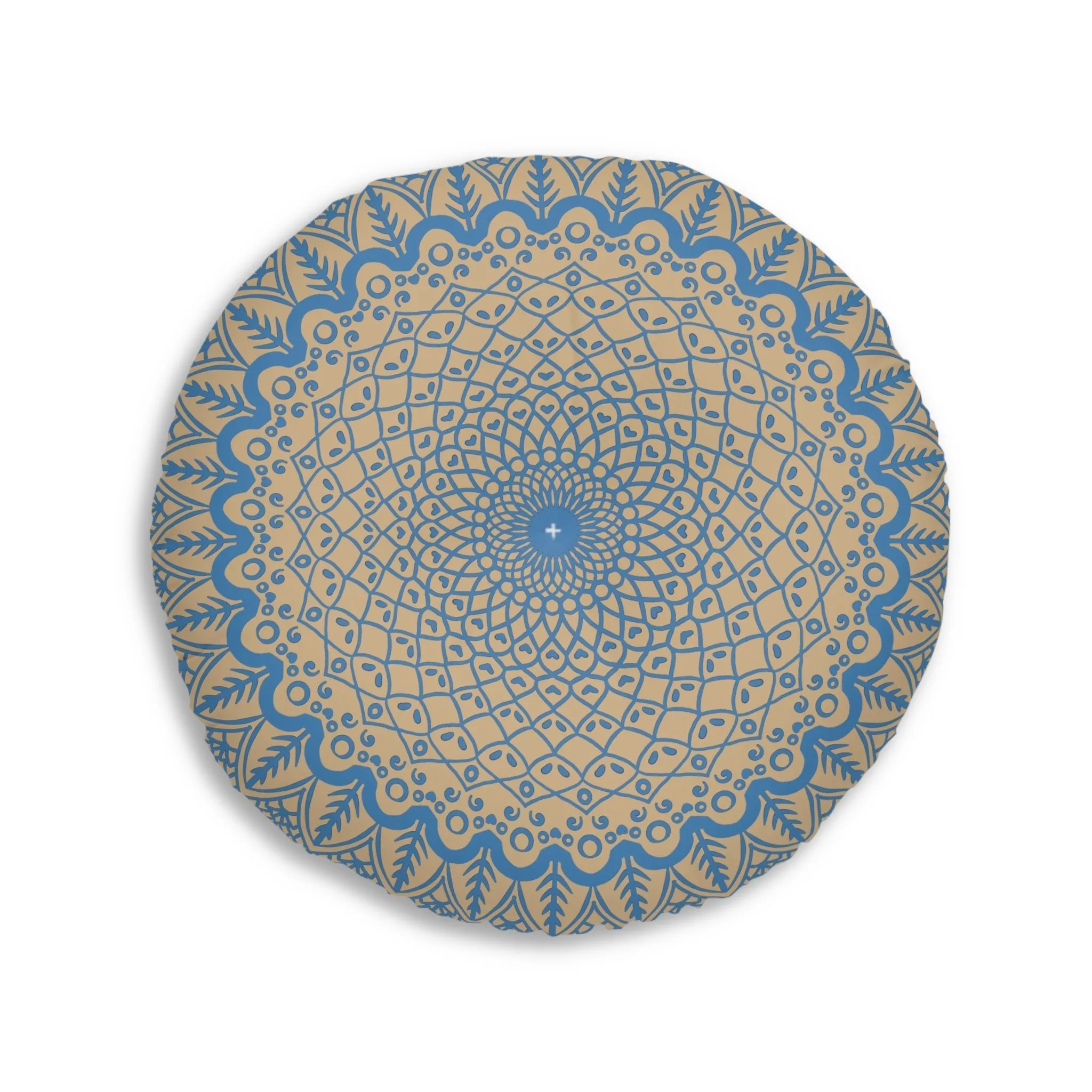 Handmade Mandala Art Steel Blue on Tan - Tufted Floor Pillow