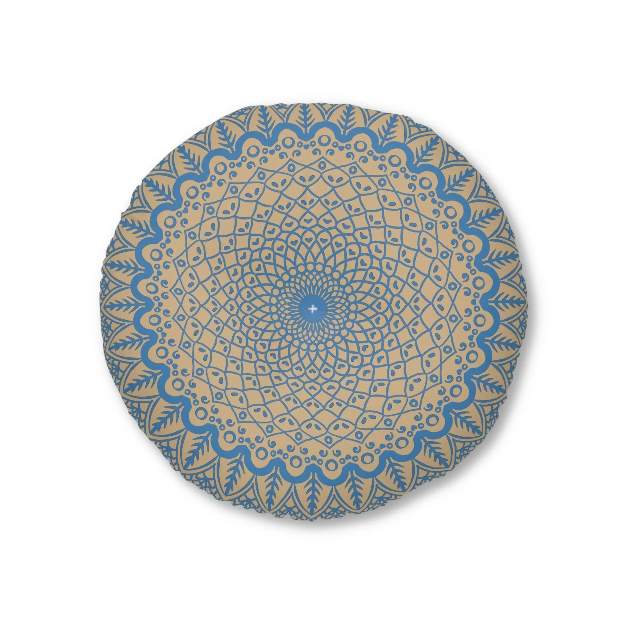 Handmade Mandala Art Steel Blue on Tan - Tufted Floor Pillow
