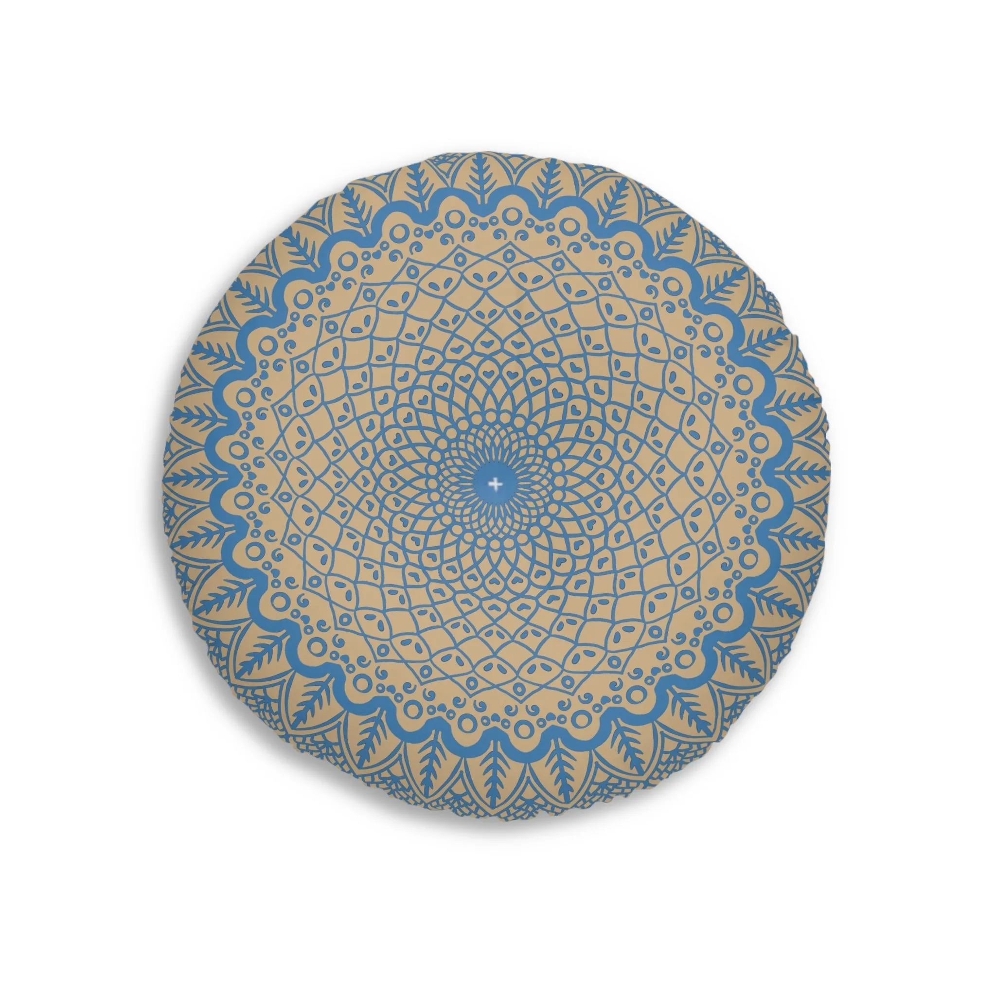Handmade Mandala Art Steel Blue on Tan - Tufted Floor Pillow