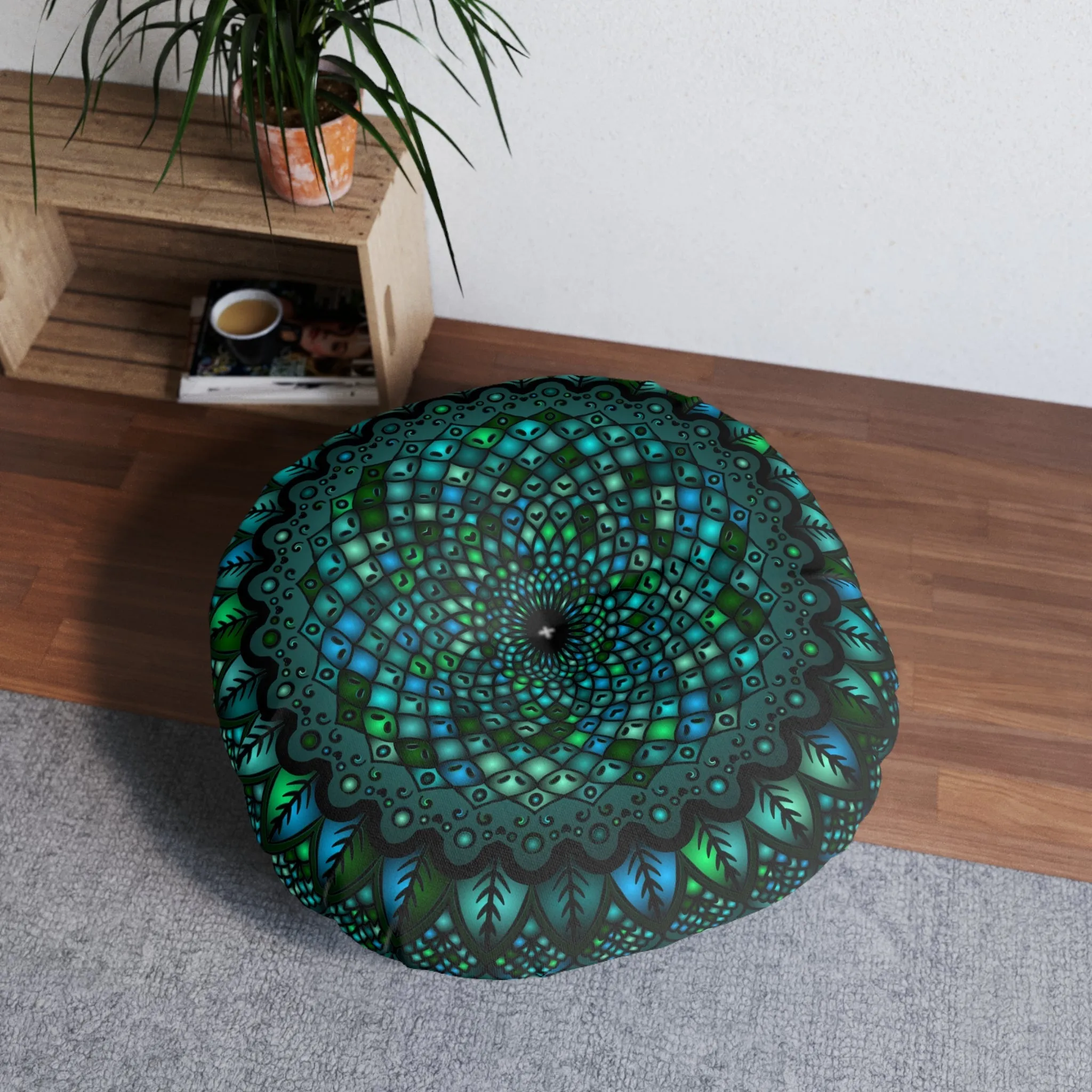 Handmade Mandala Art Tufted Floor Pillow - Round